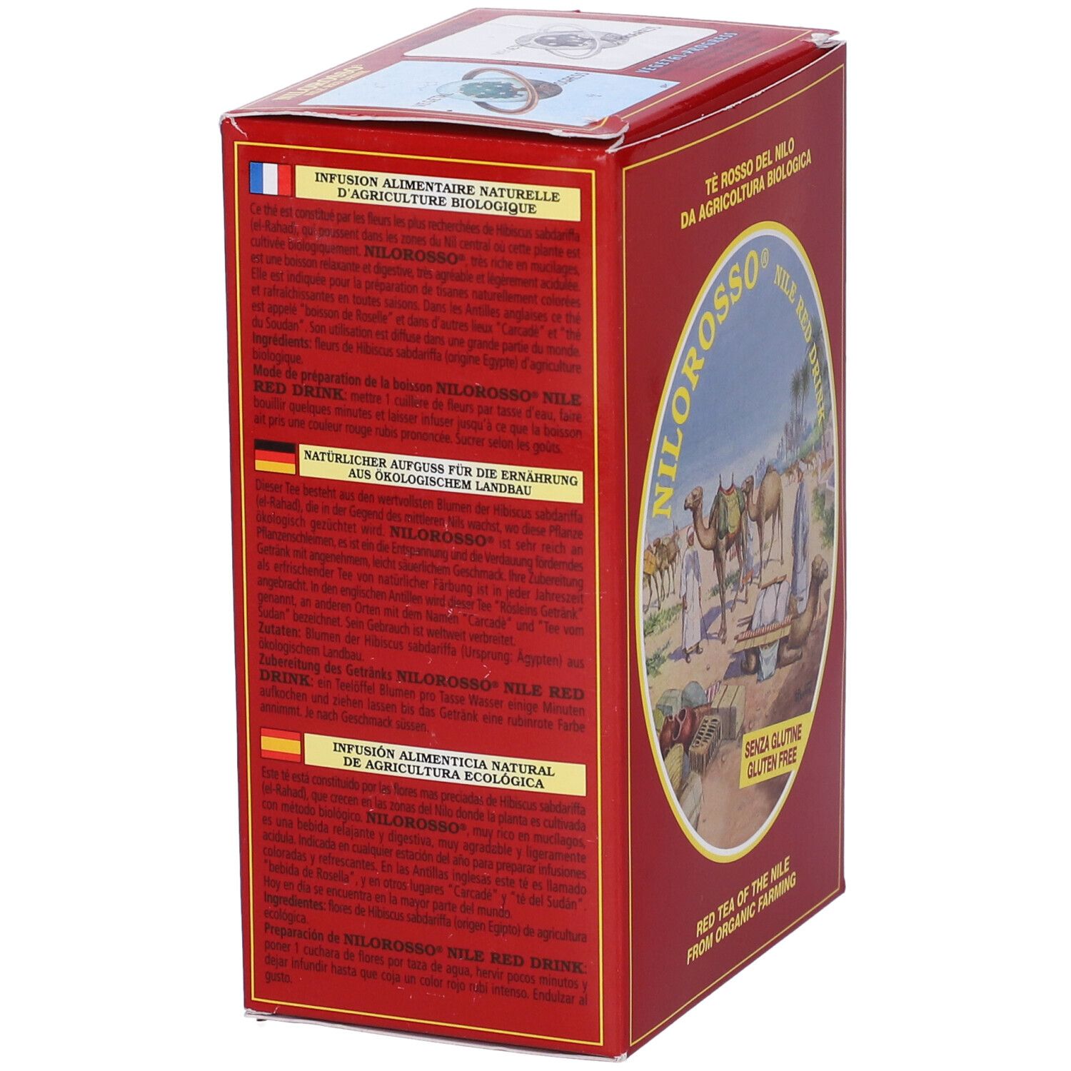 Vista laterale di una scatola rossa. Testo in tedesco, francese e italiano. "Nilorosso Nile Red Drink" è visibile.