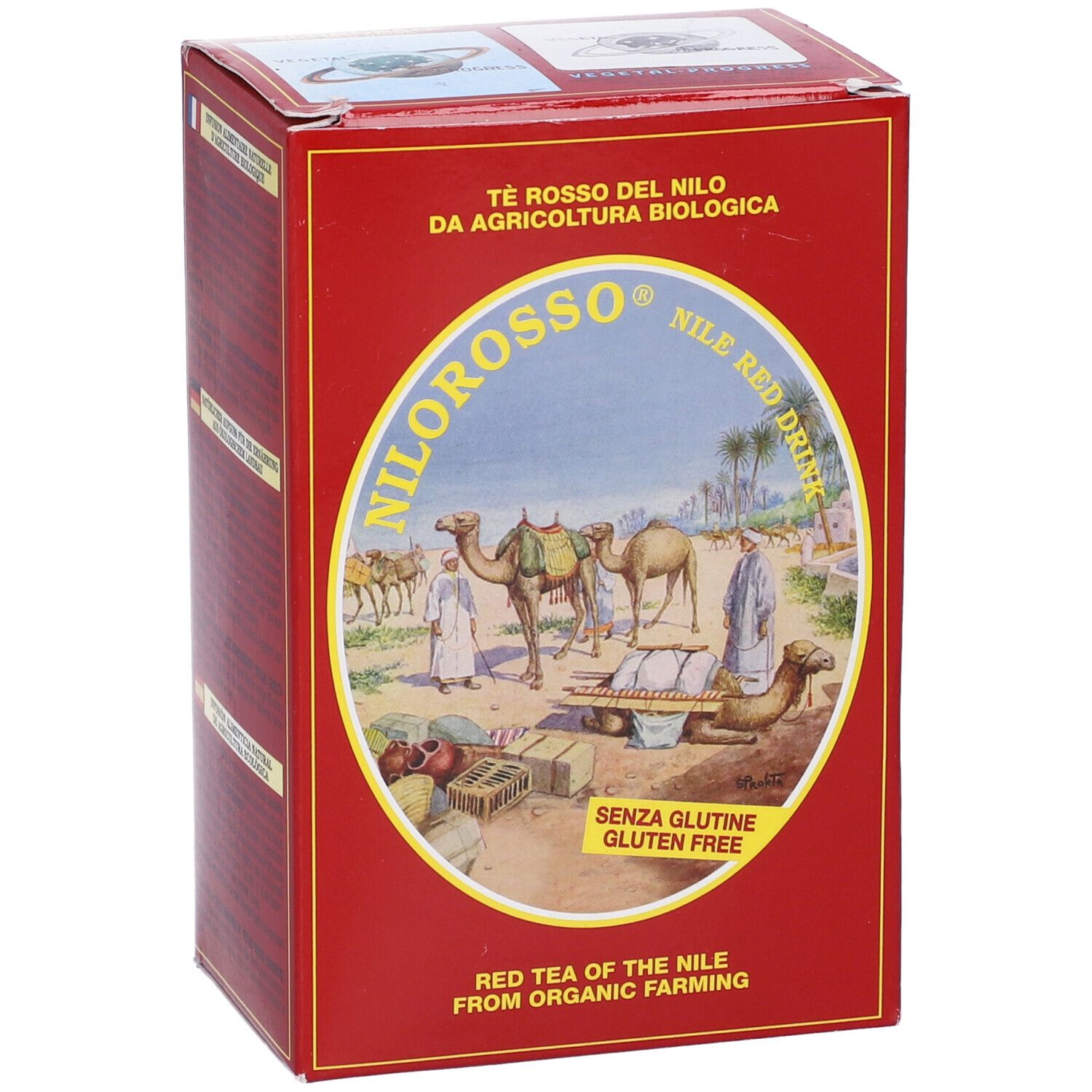 Scatola rossa con scritte "Nilorosso Nile Red Drink". Illustrazione di cammelli e persone. Scritto "Senza glutine".