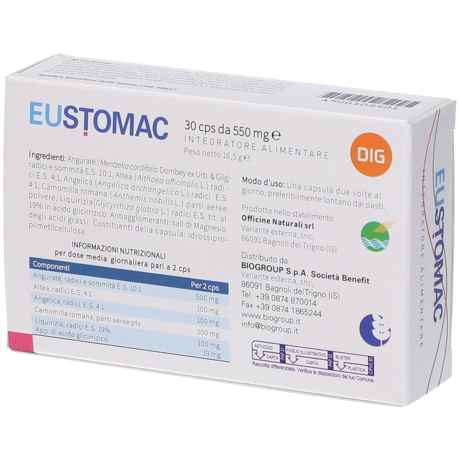 EUSTOMAC: Retro della confezione con ingredienti e informazioni nutrizionali.