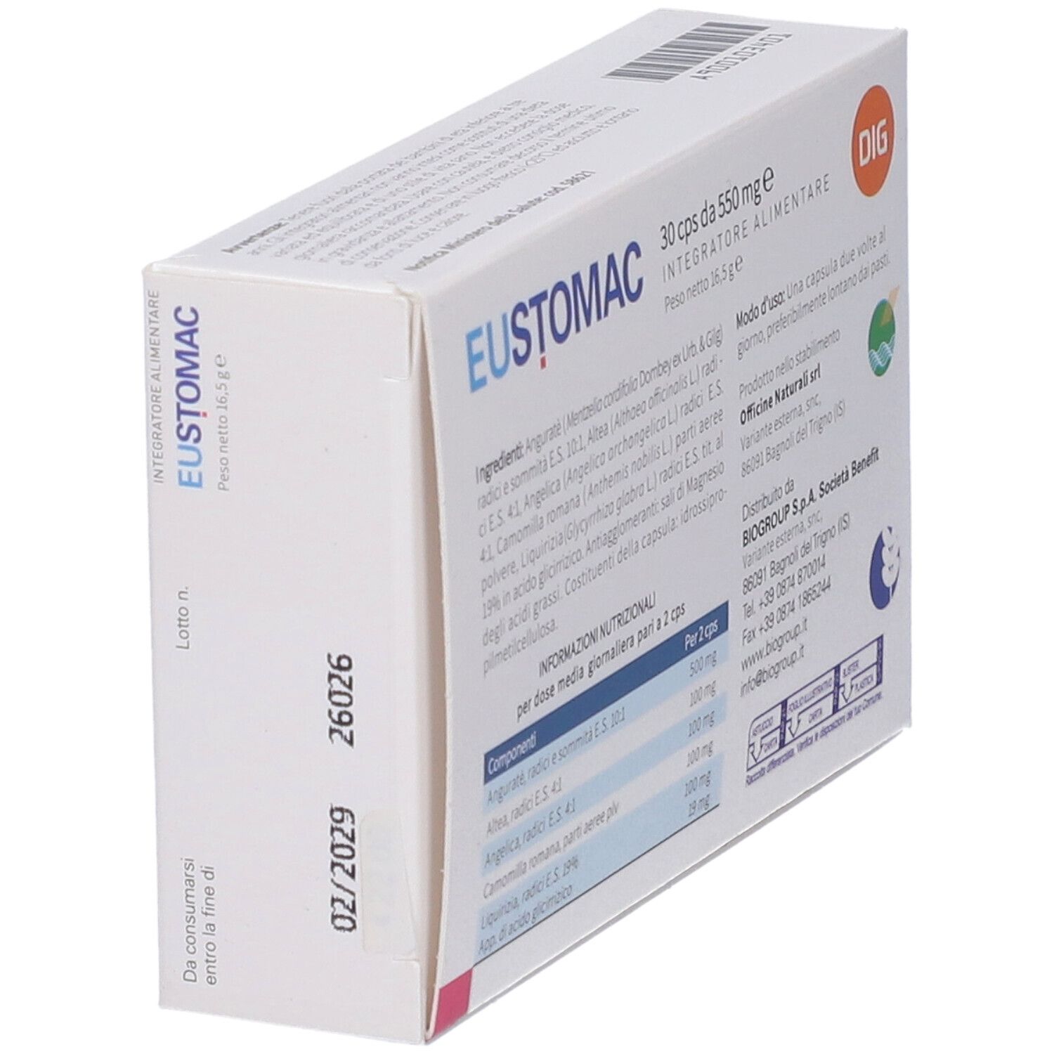 EUSTOMAC: Confezione da 30 capsule da 550 mg, con numero di lotto e data di scadenza.