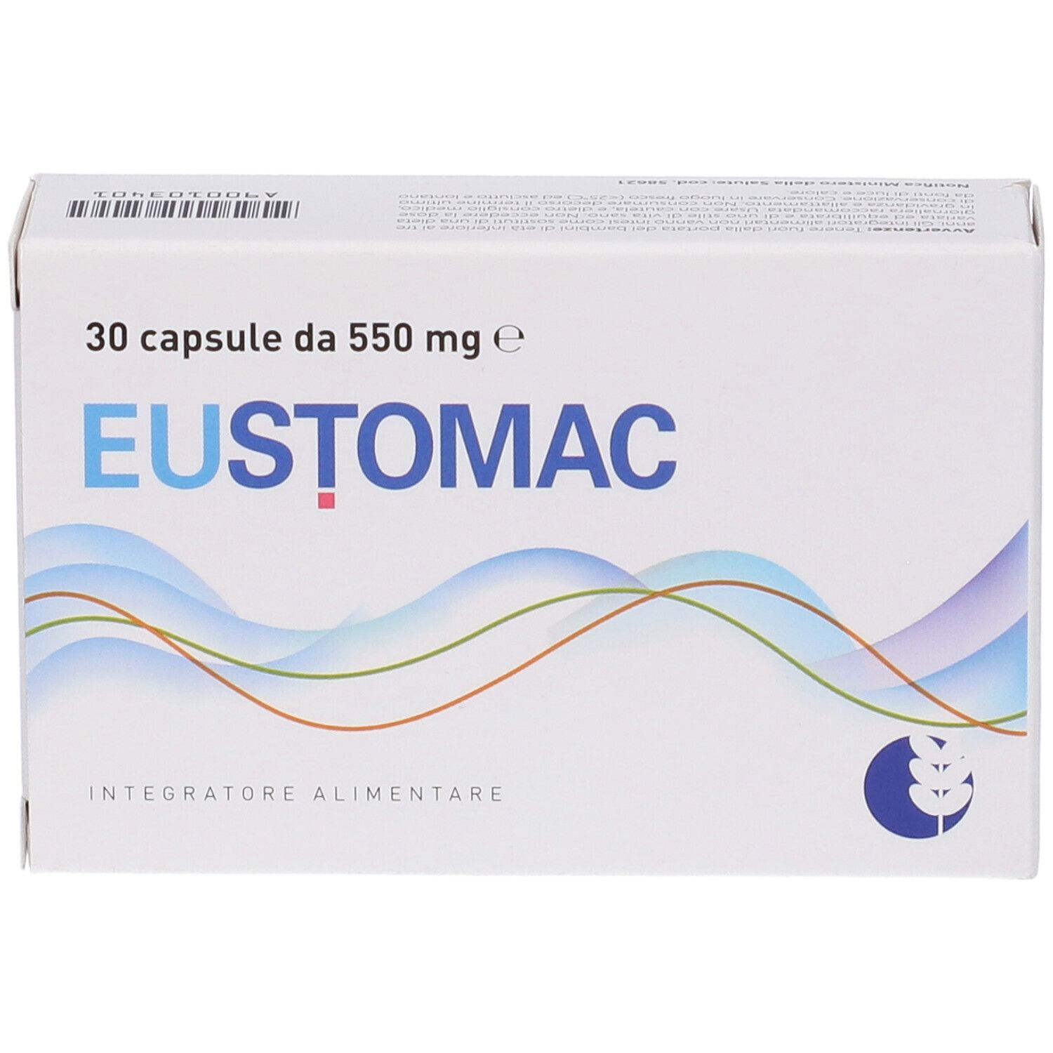 EUSTOMAC: Confezione da 30 capsule da 550 mg, integratore alimentare.