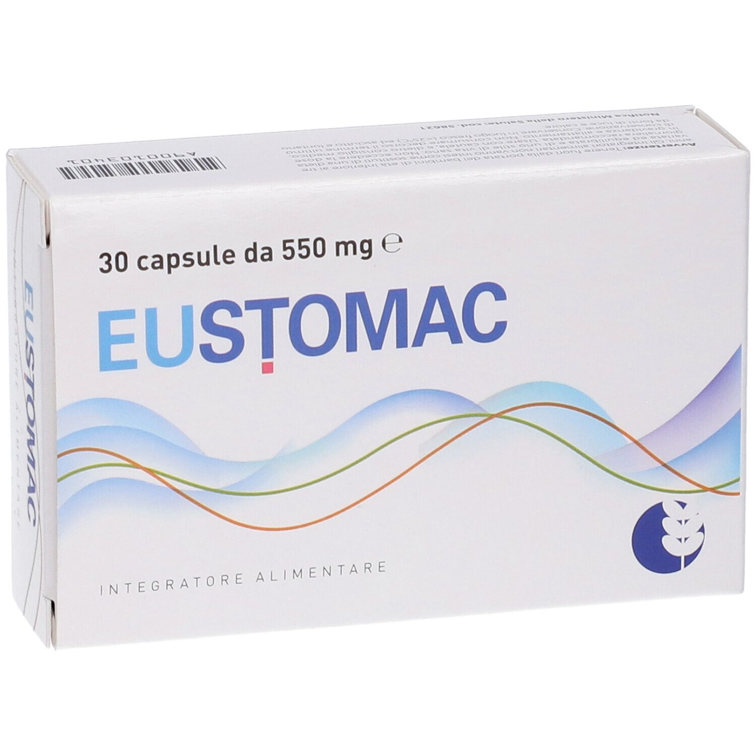EUSTOMAC: Confezione da 30 capsule da 550 mg, integratore alimentare.