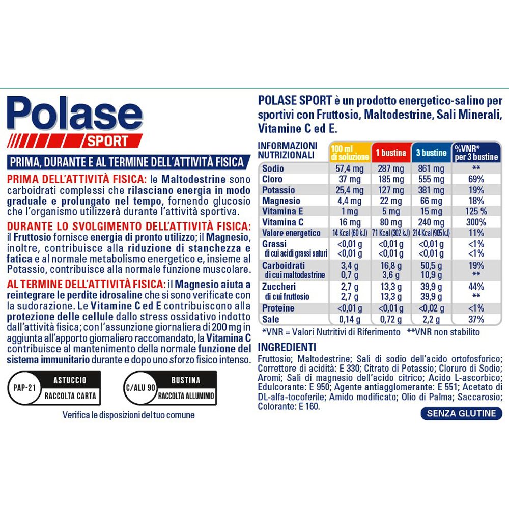 Tabella nutrizionale di Polase Sport. Contiene informazioni sugli ingredienti e valori nutrizionali per porzione.