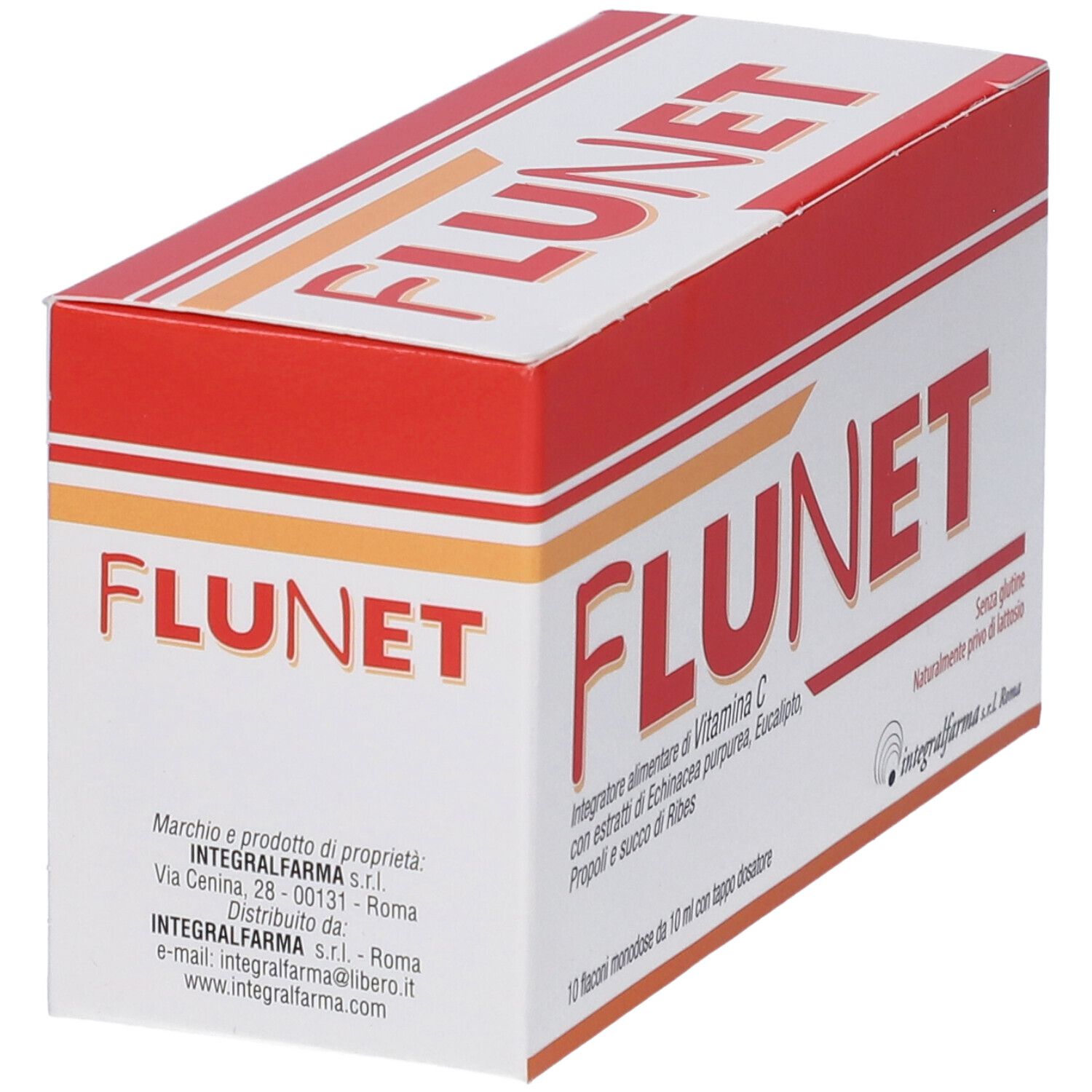 Scatola di Flunet, vista angolata. Scritta rossa su sfondo bianco. Logo Integral Farma. Testo in italiano.