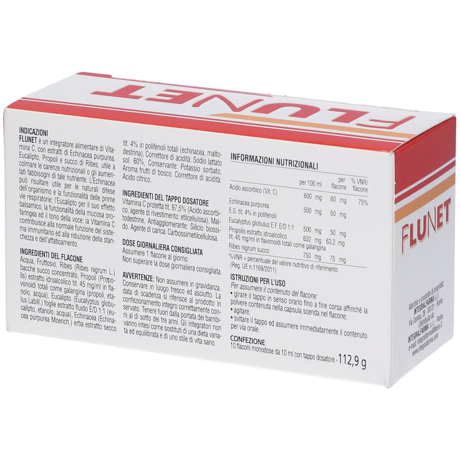 Retro della confezione Flunet. Testo in italiano. Informazioni nutrizionali, ingredienti e istruzioni per l'uso.