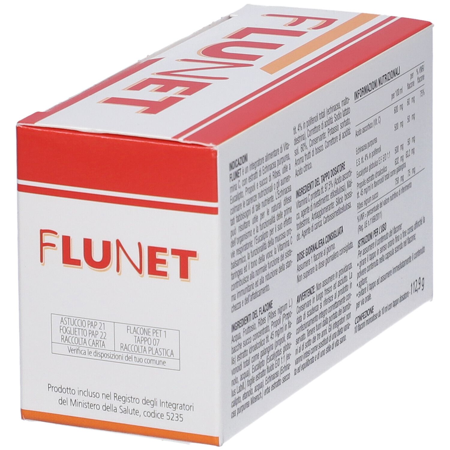 Retro della confezione Flunet. Testo in italiano. Informazioni nutrizionali, ingredienti e istruzioni per l'uso.