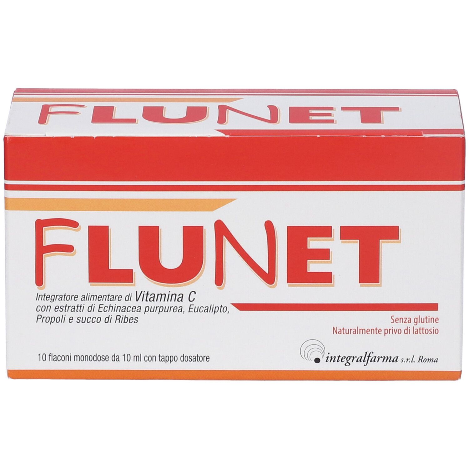 Scatola di Flunet. Scritta rossa su sfondo bianco. Contiene 10 flaconcini monodose con tappo dosatore.