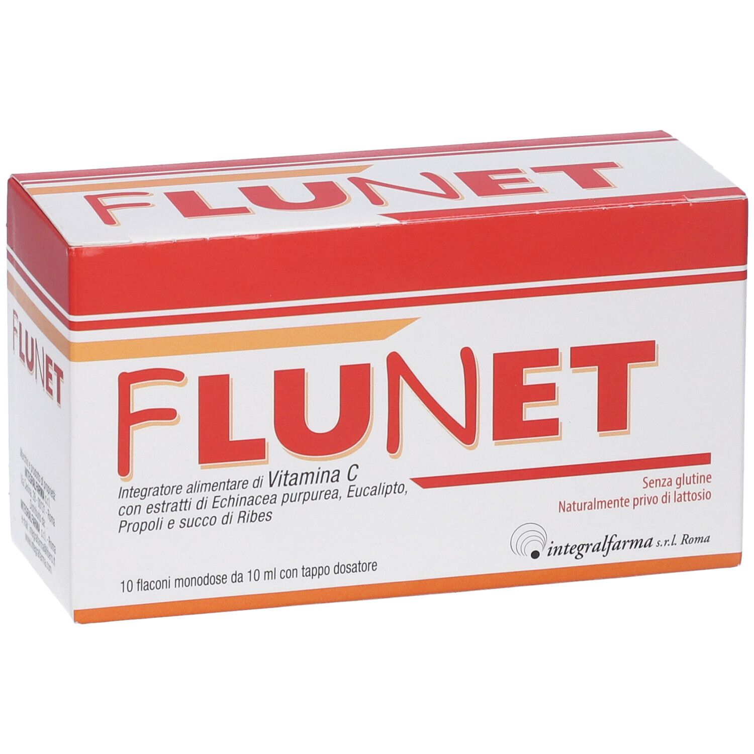 Scatola di Flunet. Scritta rossa su sfondo bianco. Contiene 10 flaconcini monodose con tappo dosatore.