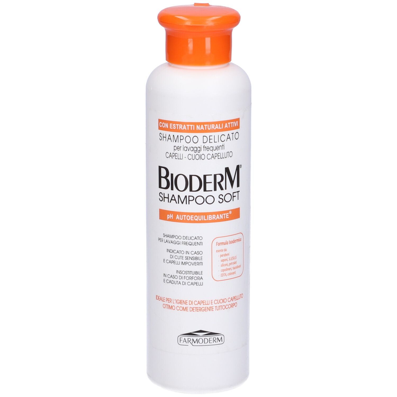 Flacone bianco con tappo arancione. Scritta: Bioderm Shampoo Soft. Testo in italiano.