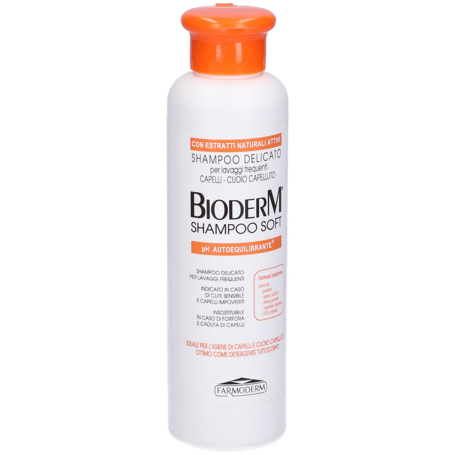 Flacone bianco con tappo arancione. Scritta: Bioderm Shampoo Soft. Testo in italiano.