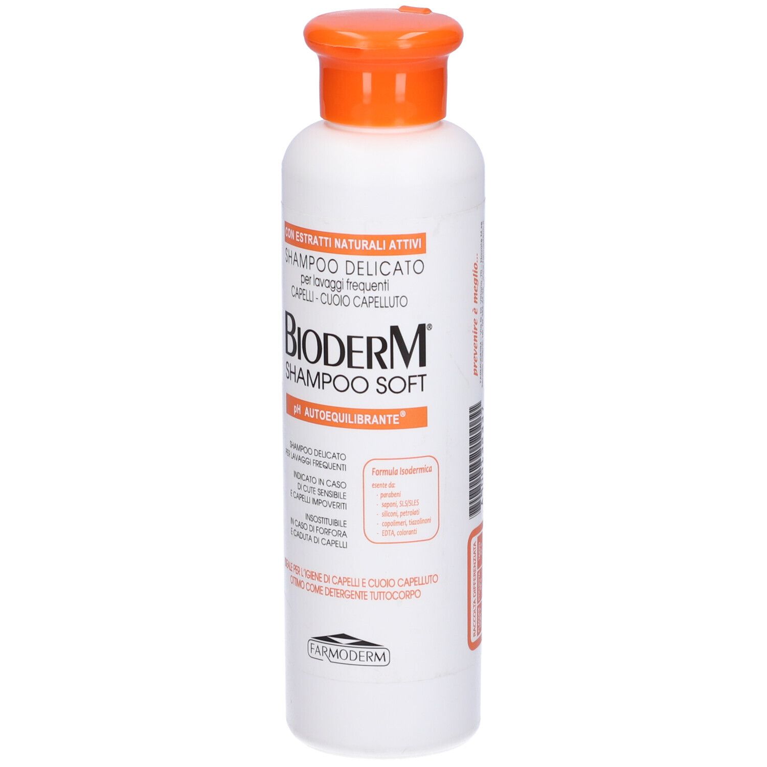 Flacone bianco con tappo arancione. Scritta: Bioderm Shampoo Soft. Testo in italiano.