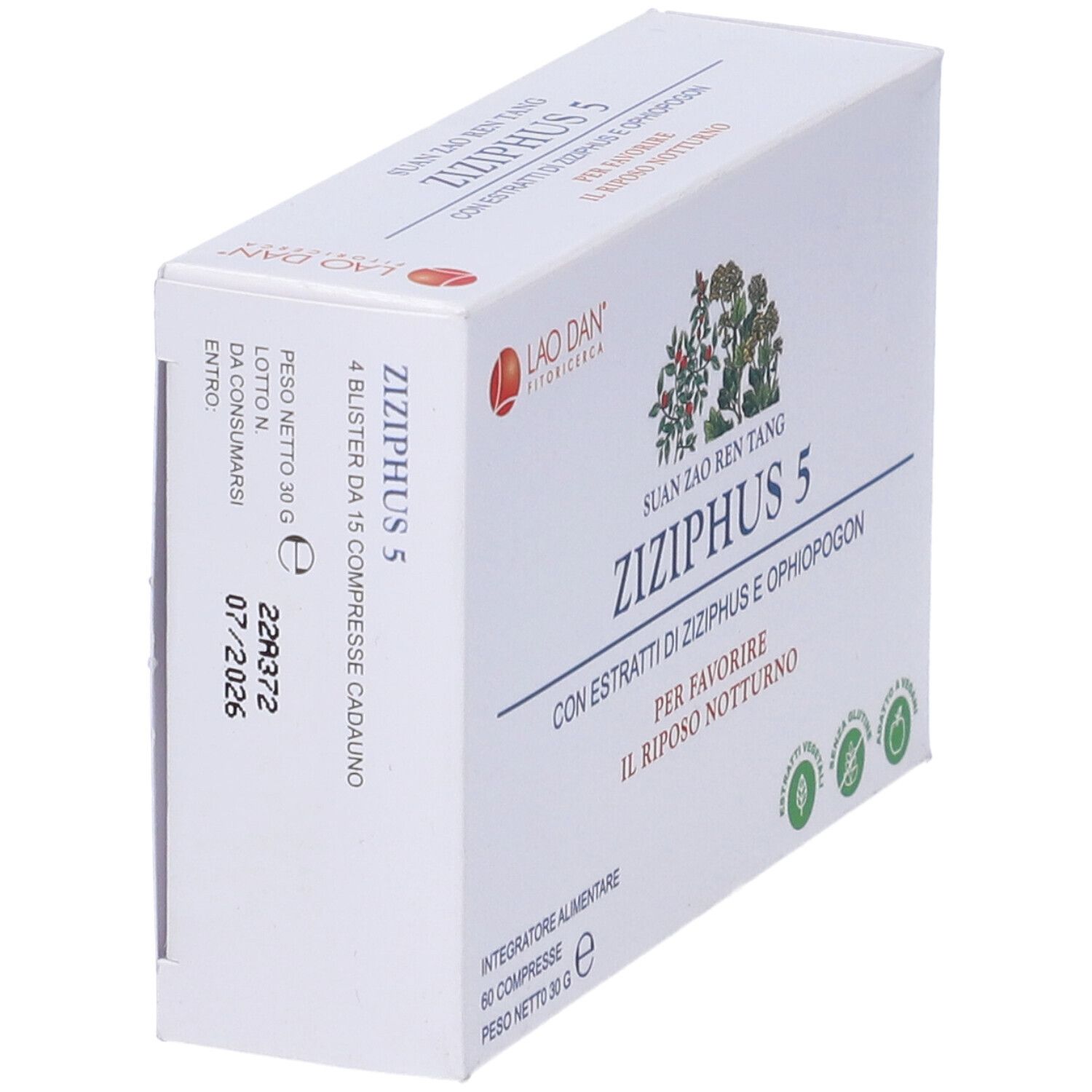 Scatola bianca con Ziziphus 5. Logo e testo rosso e nero. 60 compresse. Vista obliqua.