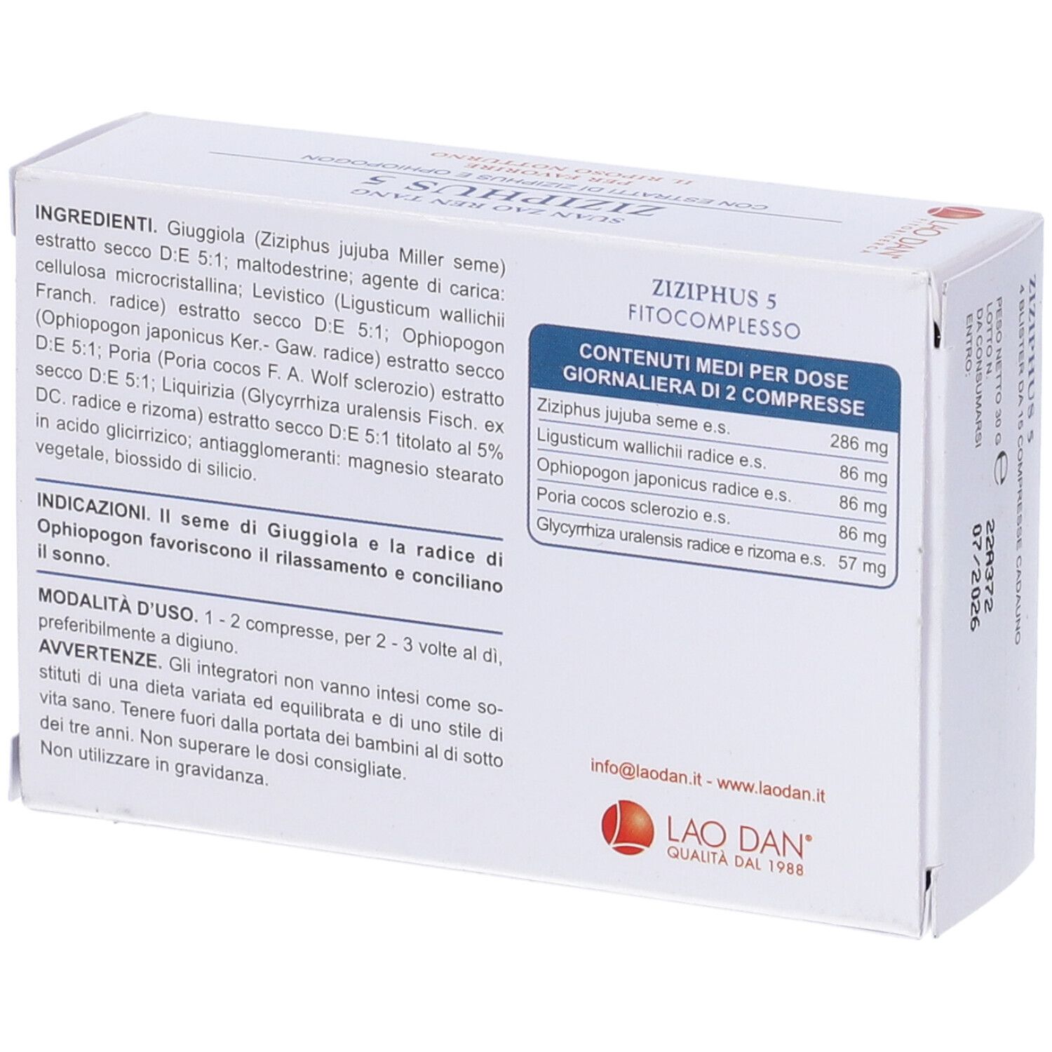 Scatola bianca con testo e ingredienti. Ziziphus 5. Logo. Testo in italiano.