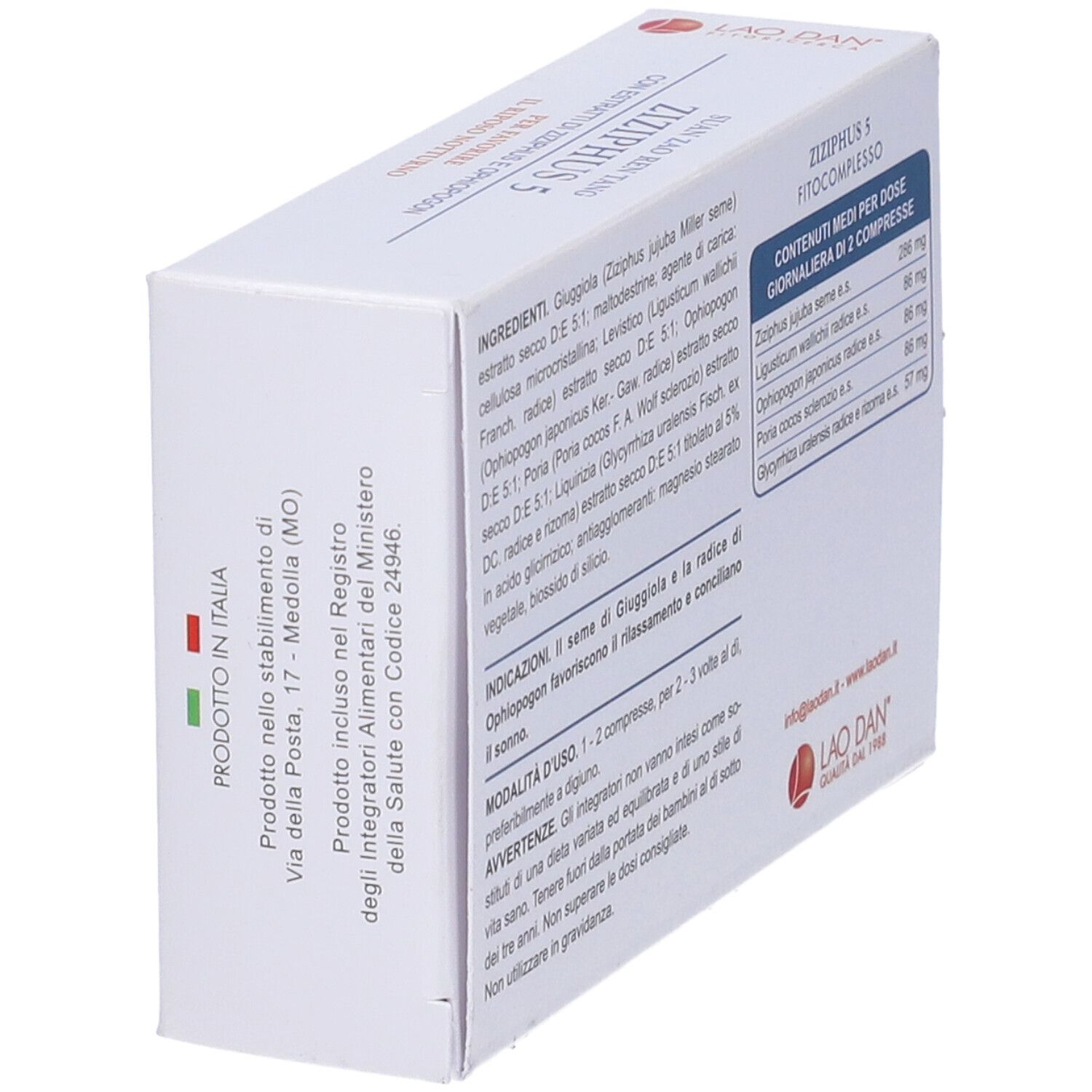 Scatola bianca con testo e ingredienti. Ziziphus 5. Logo. Testo in italiano. Prodotto in Italia.