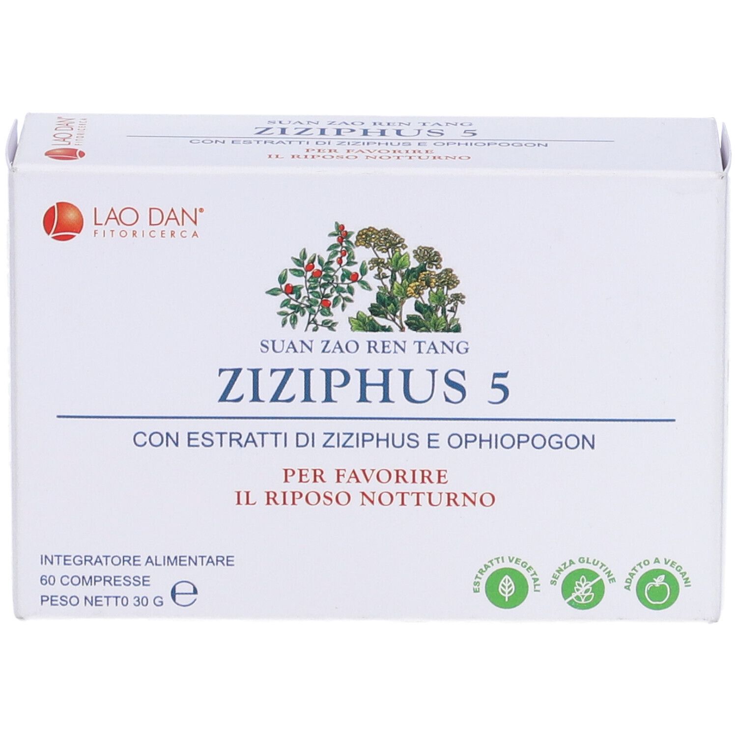 Scatola bianca con Ziziphus 5. Logo e testo rosso e nero. 60 compresse.