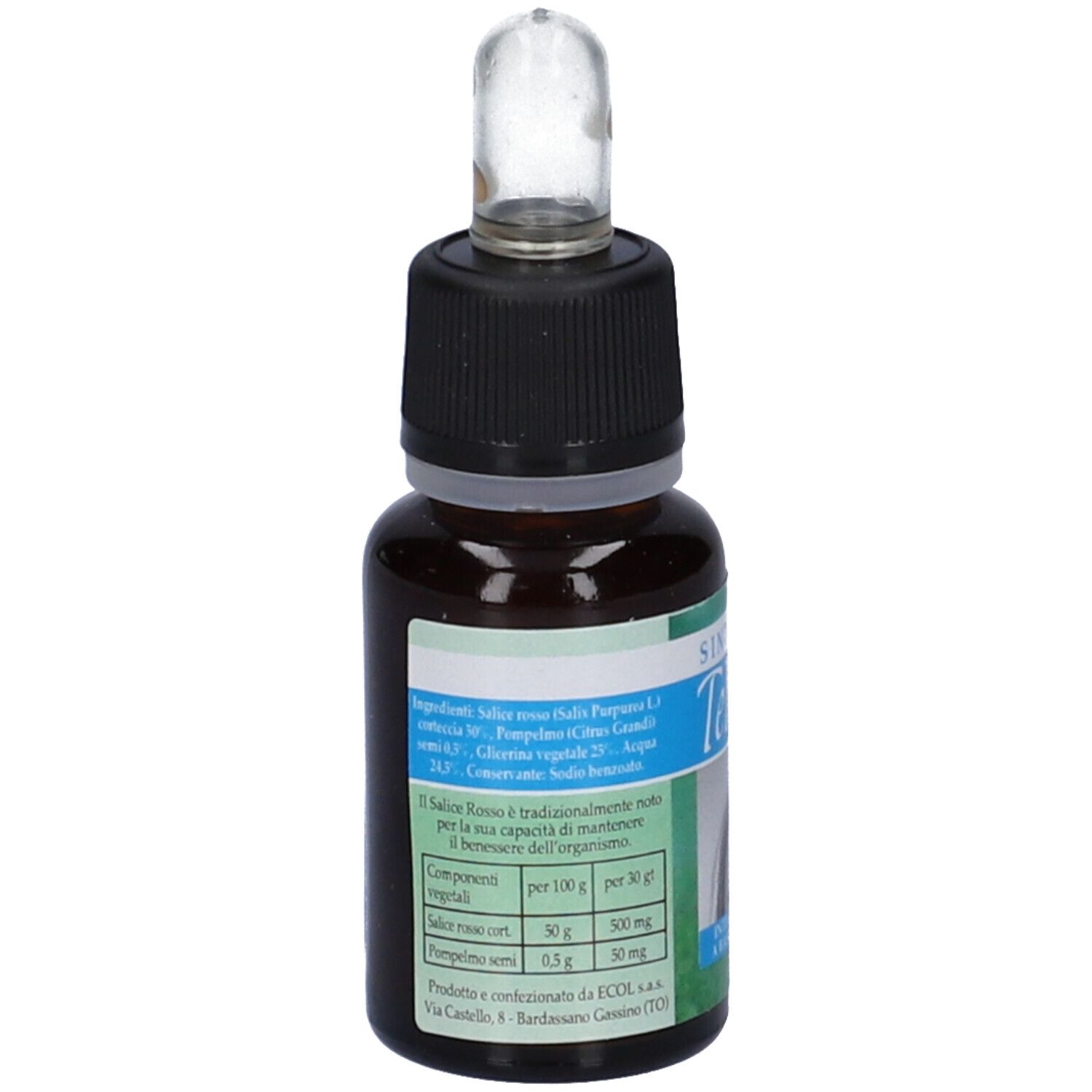 Flacone di vetro marrone con tappo nero e contagocce. Etichetta con ingredienti e informazioni sul prodotto.