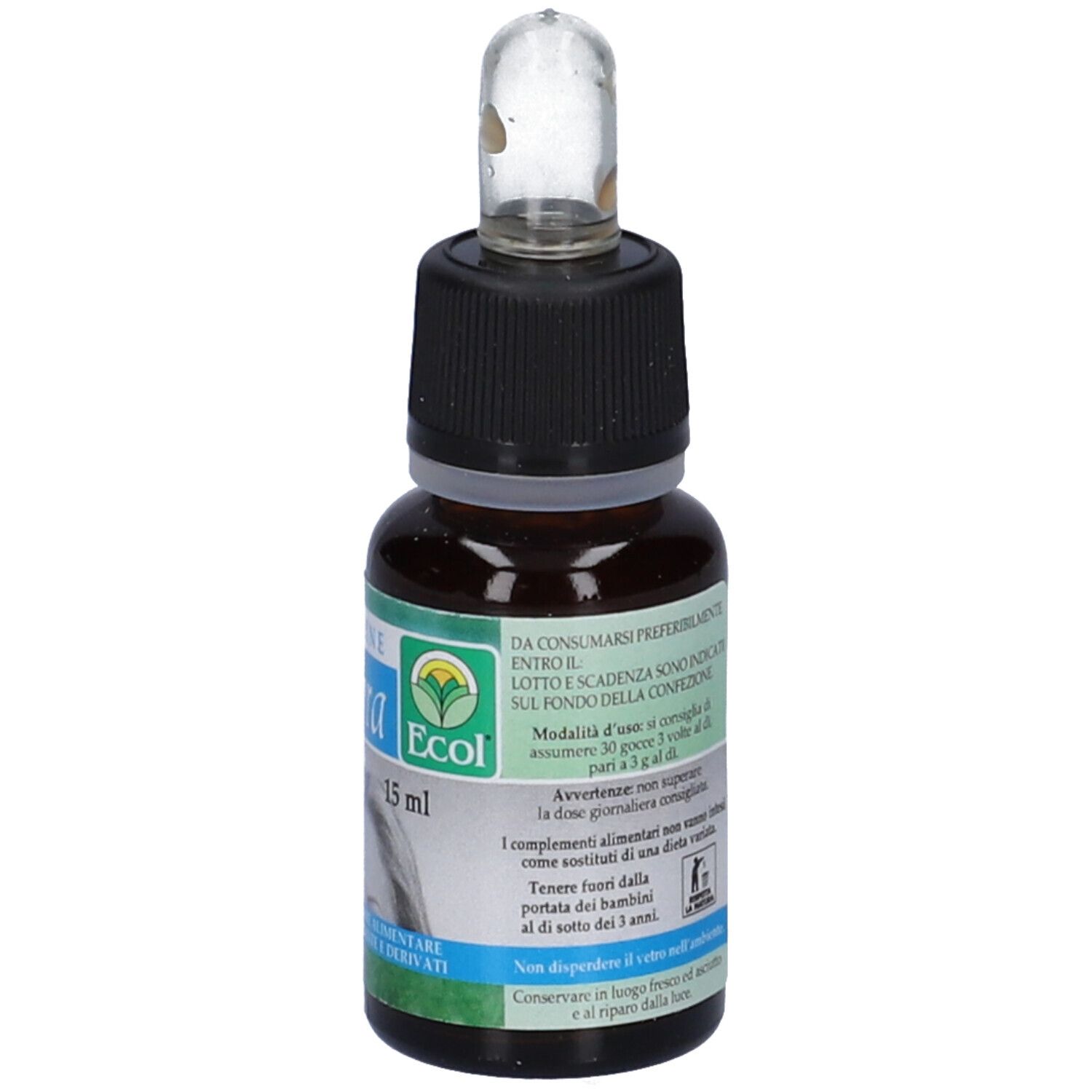 Flacone di vetro marrone con tappo nero e contagocce. Etichetta con data di scadenza e istruzioni per l'uso.