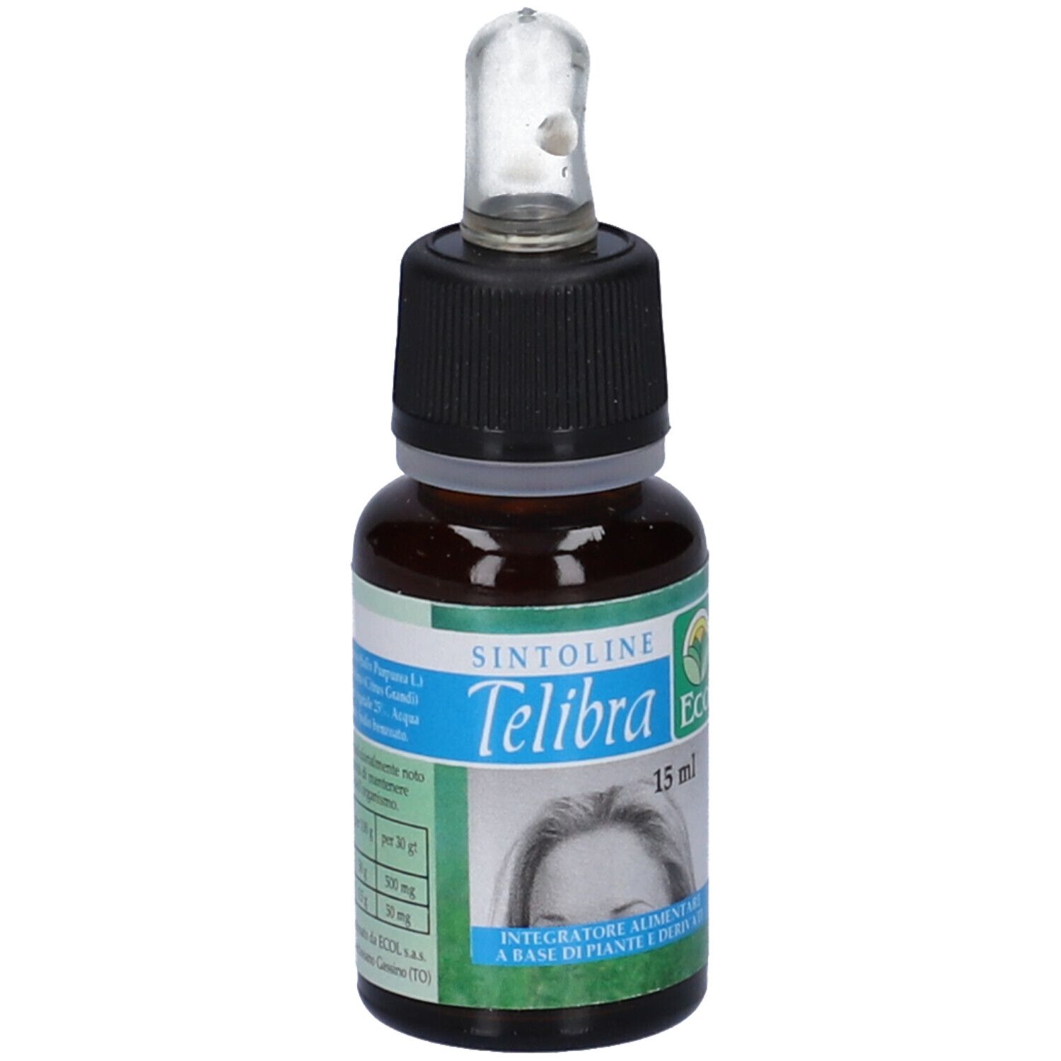 Flacone di vetro marrone con tappo nero e contagocce. Etichetta con nome prodotto Telibra, 15 ml e logo.