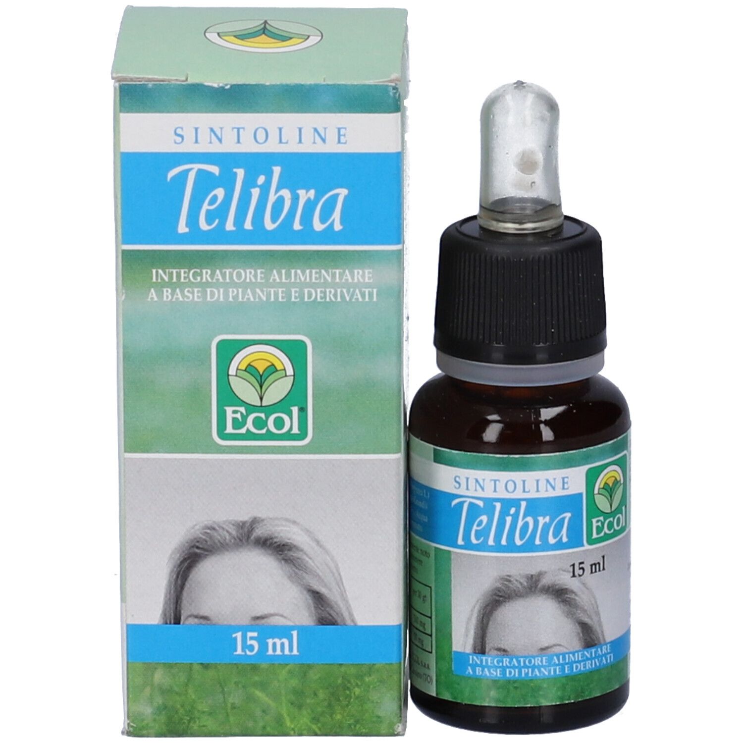 Flacone e confezione del prodotto. Flacone marrone con tappo nero e contagocce. Confezione con nome del prodotto.