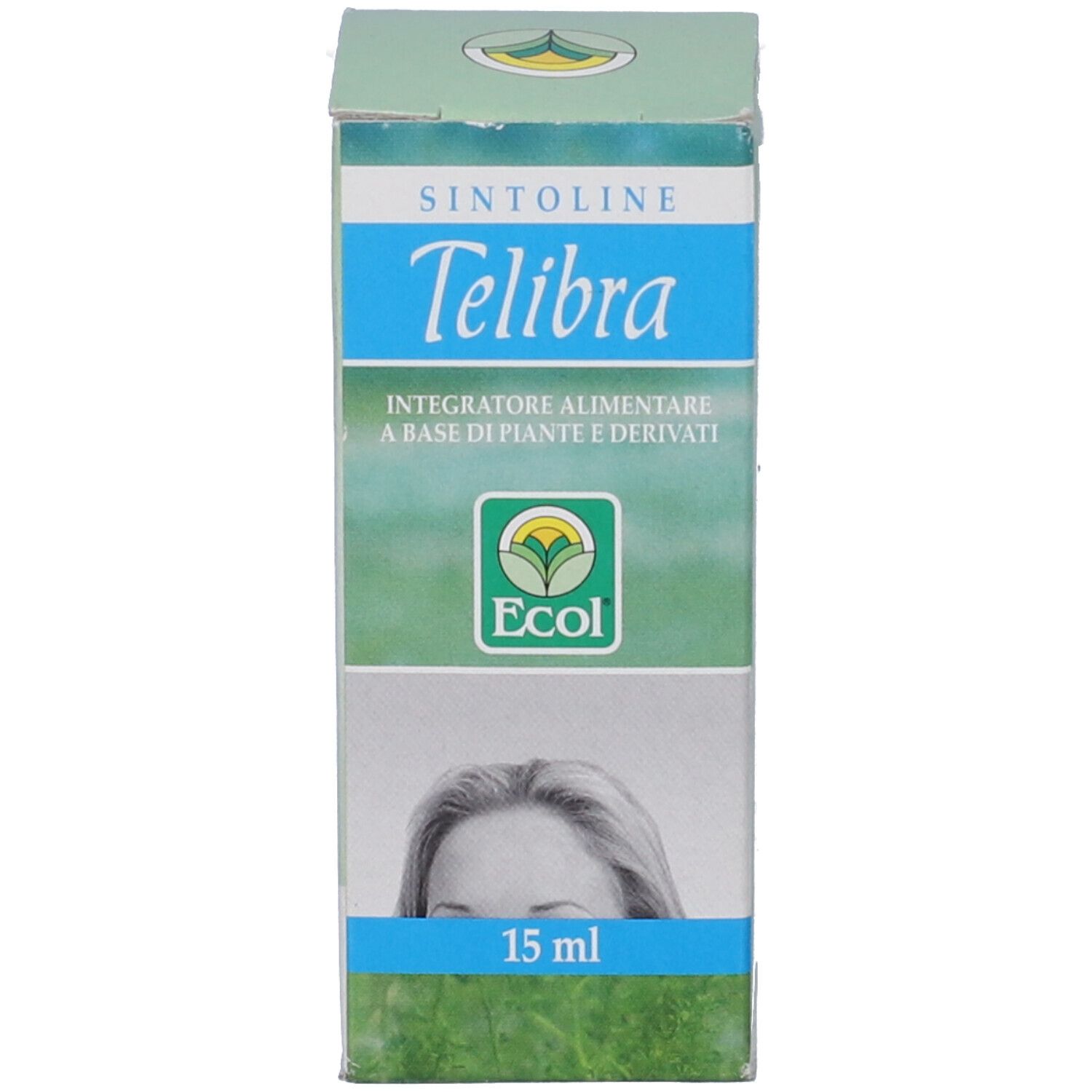 Confezione del prodotto. Scatola verde e bianca con nome del prodotto Telibra e logo. 15 ml.