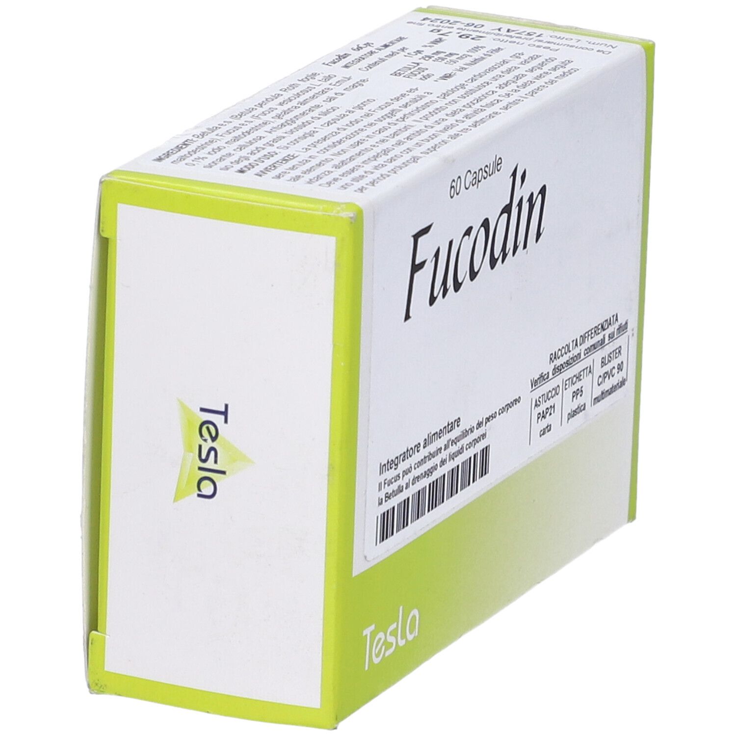 Scatola con 60 capsule Fucodin. Marchio Tesla. Confezione verde e bianca. Vista laterale con testo e logo.