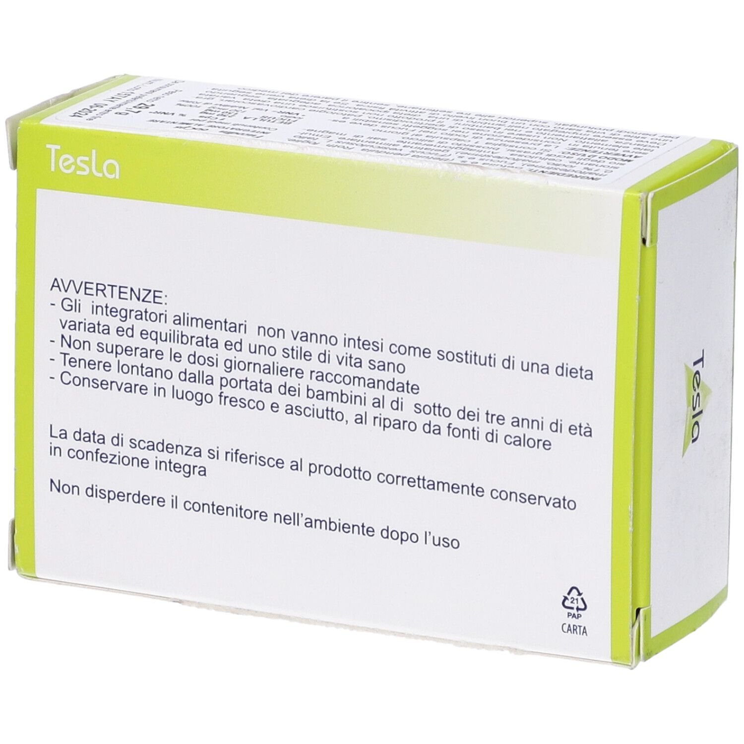 Retro della scatola. Testo in italiano. Marchio Tesla. Confezione verde e bianca. Simboli di riciclaggio.