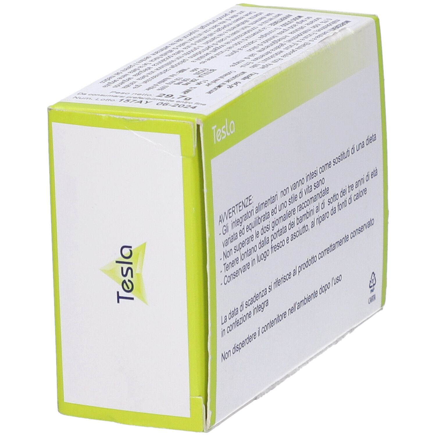 Scatola con testo in italiano. Marchio Tesla. Confezione verde e bianca. Vista laterale.
