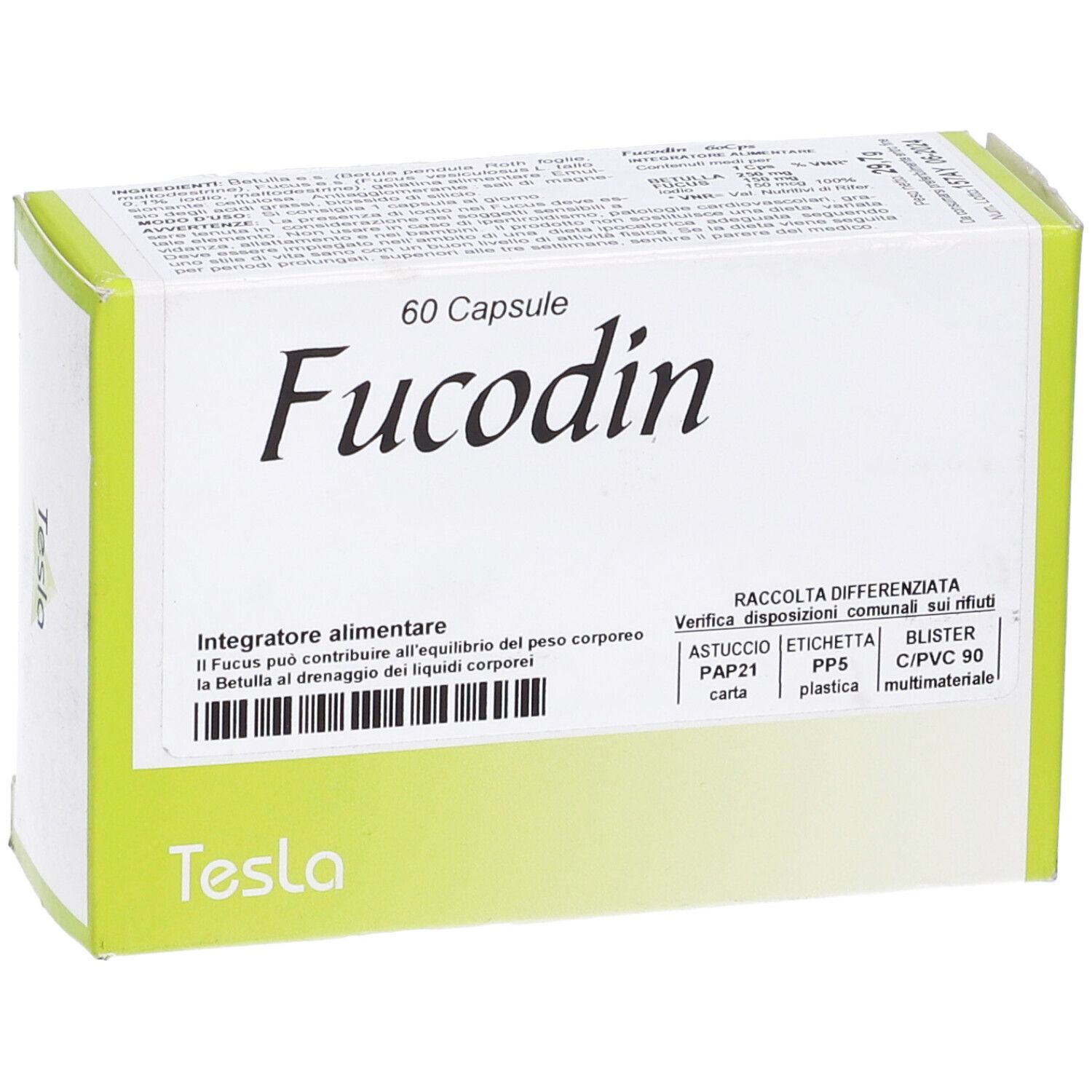 Scatola con 60 capsule Fucodin. Marchio Tesla. Confezione verde e bianca. Testo e codice a barre visibili.