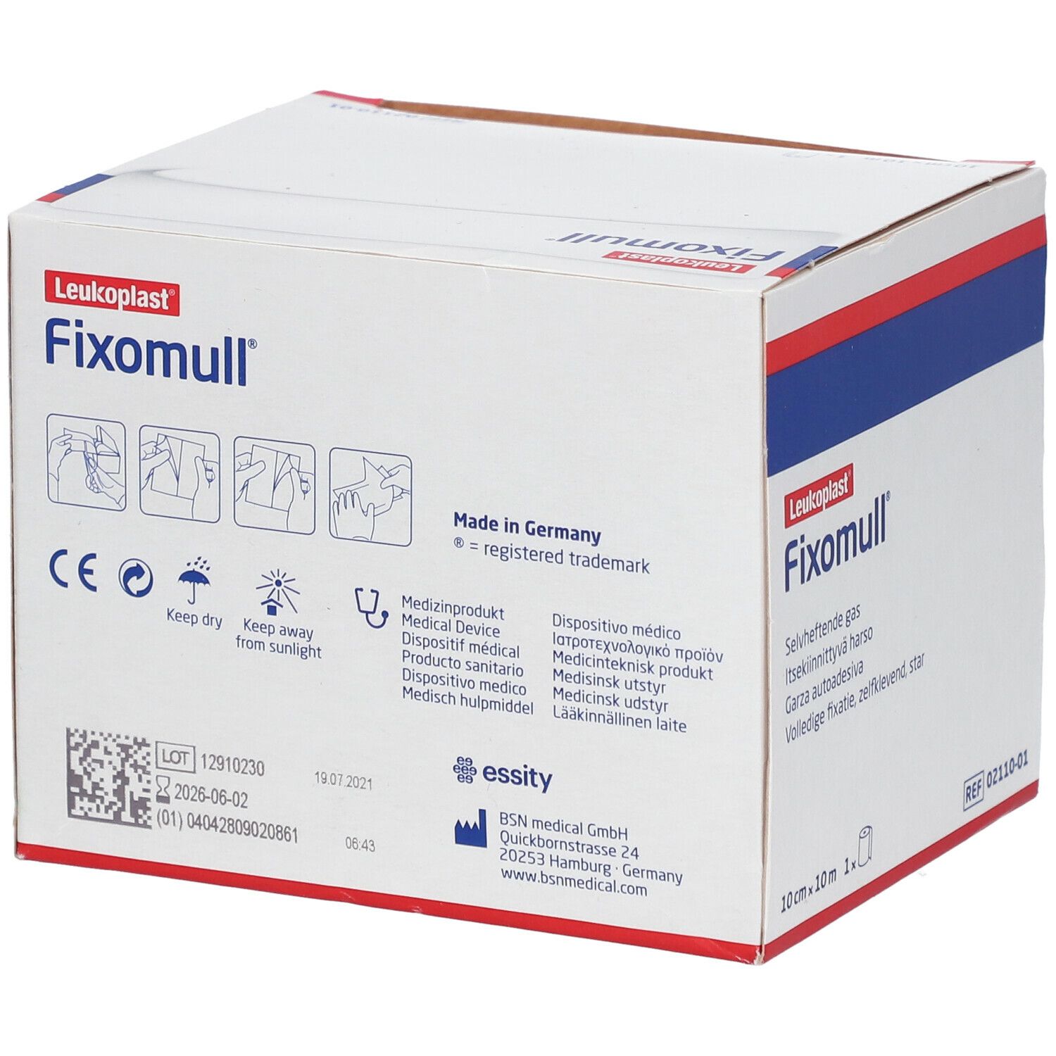 Confezione Fixomull®. Scatola bianca con bordi blu. Nome del prodotto, certificazioni e dimensioni ben visibili.
