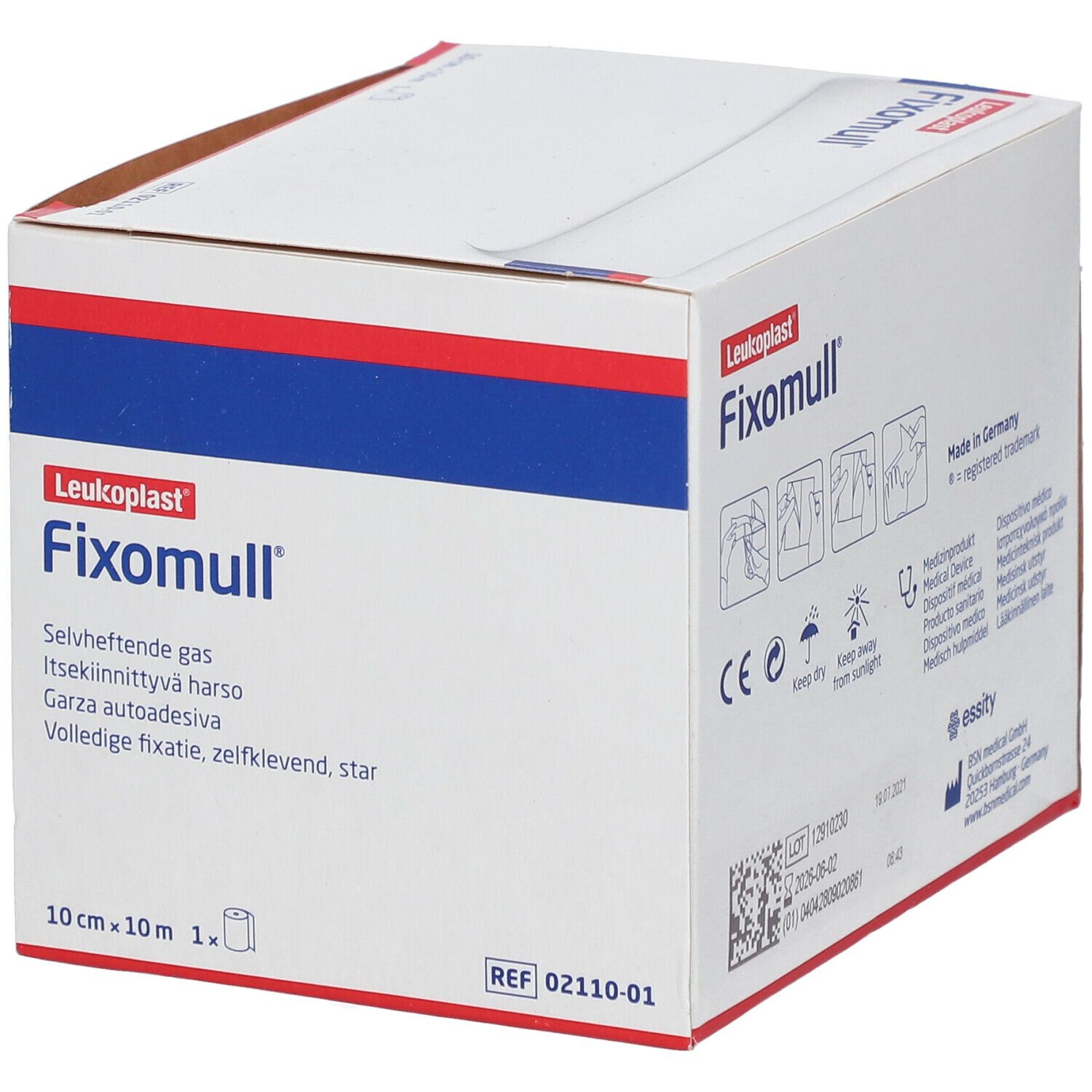Confezione Fixomull®. Scatola bianca con bordi blu. Nome del prodotto e dimensioni ben visibili.