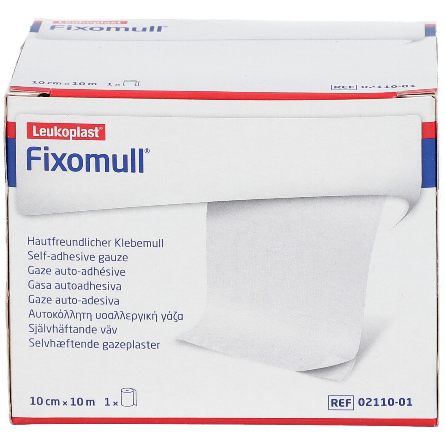Confezione Fixomull®. Scatola bianca con bordi rossi e blu. Nome del prodotto e dimensioni ben visibili.