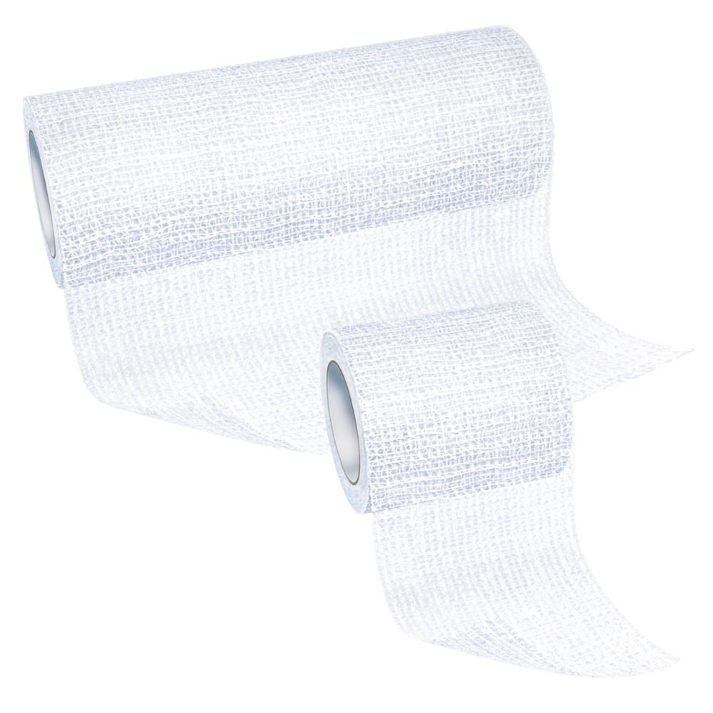 Due rotoli di benda Elastomull haft. Materiale elastico bianco. Un rotolo srotolato.