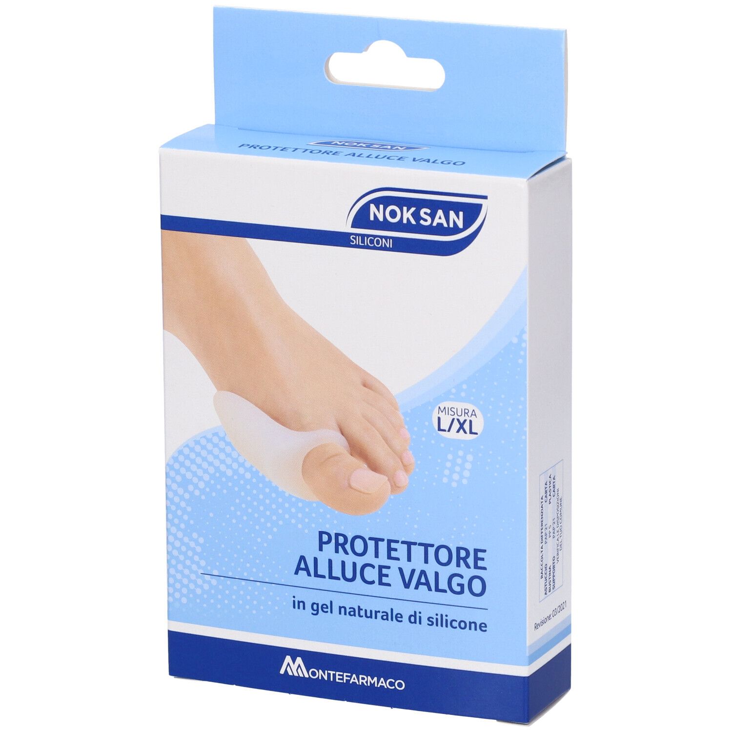 Confezione prodotto con immagine del piede e protezione. Taglia L/XL. Visibili: nome prodotto, logo produttore e denominazione.