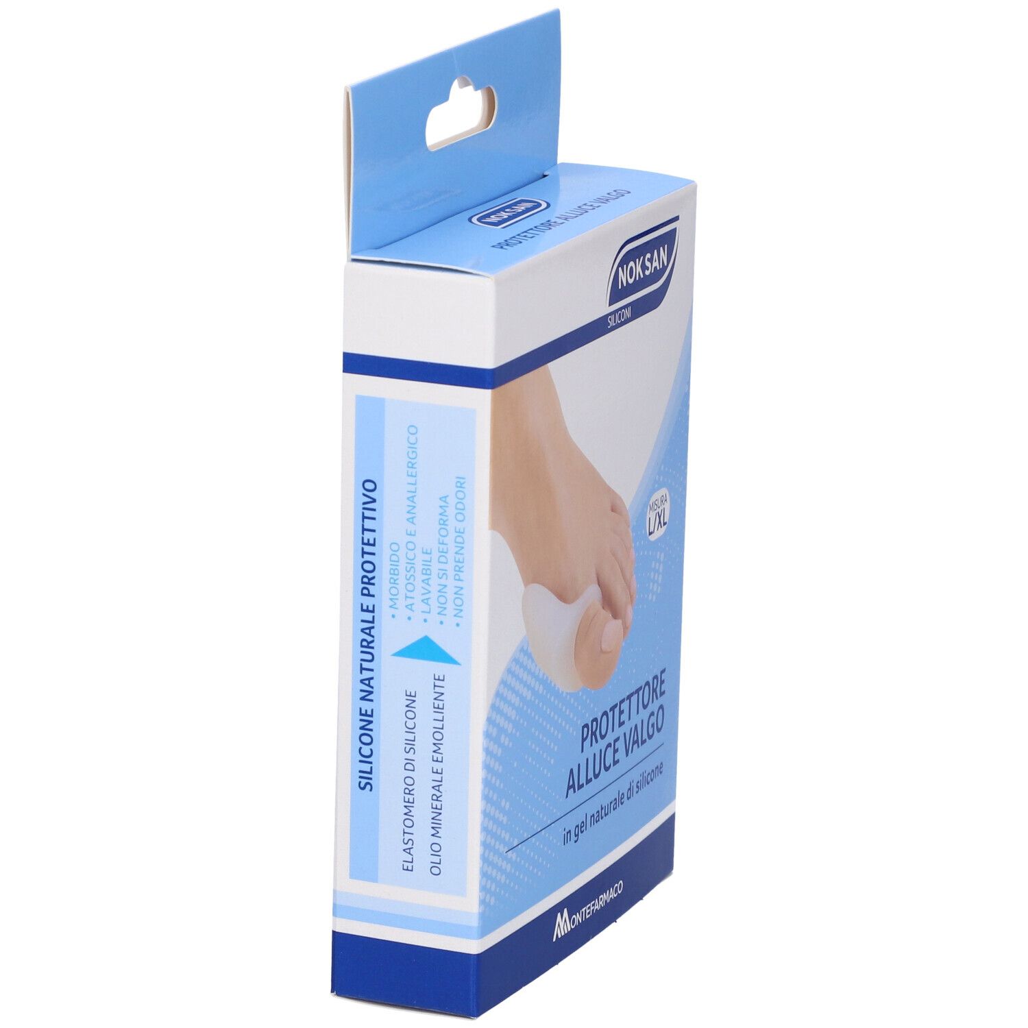 Confezione prodotto, vista laterale. Protezione, taglia L/XL. Visibili: nome prodotto, logo produttore e denominazione.