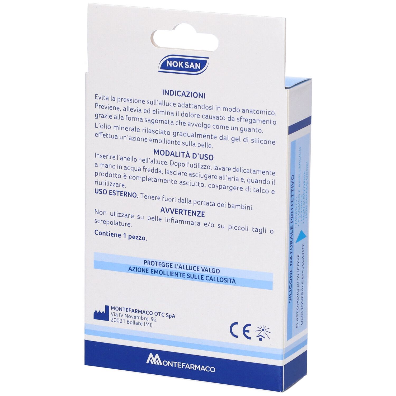 Retro della confezione. Informazioni testuali, indirizzo produttore, marchio CE. Contiene 1 pezzo.