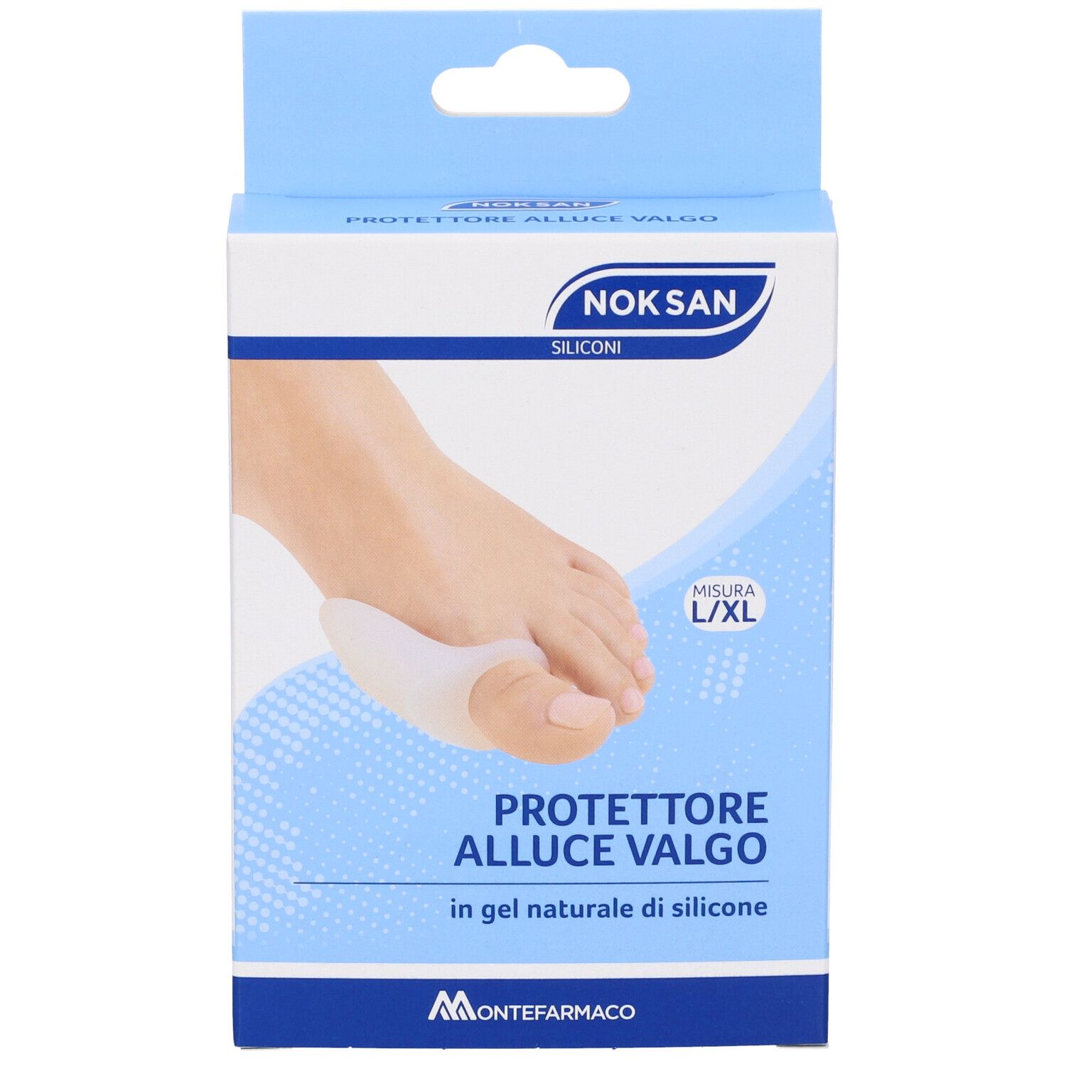 Confezione prodotto con immagine del piede e protezione. Taglia L/XL. Visibili: nome prodotto, logo produttore e denominazione.