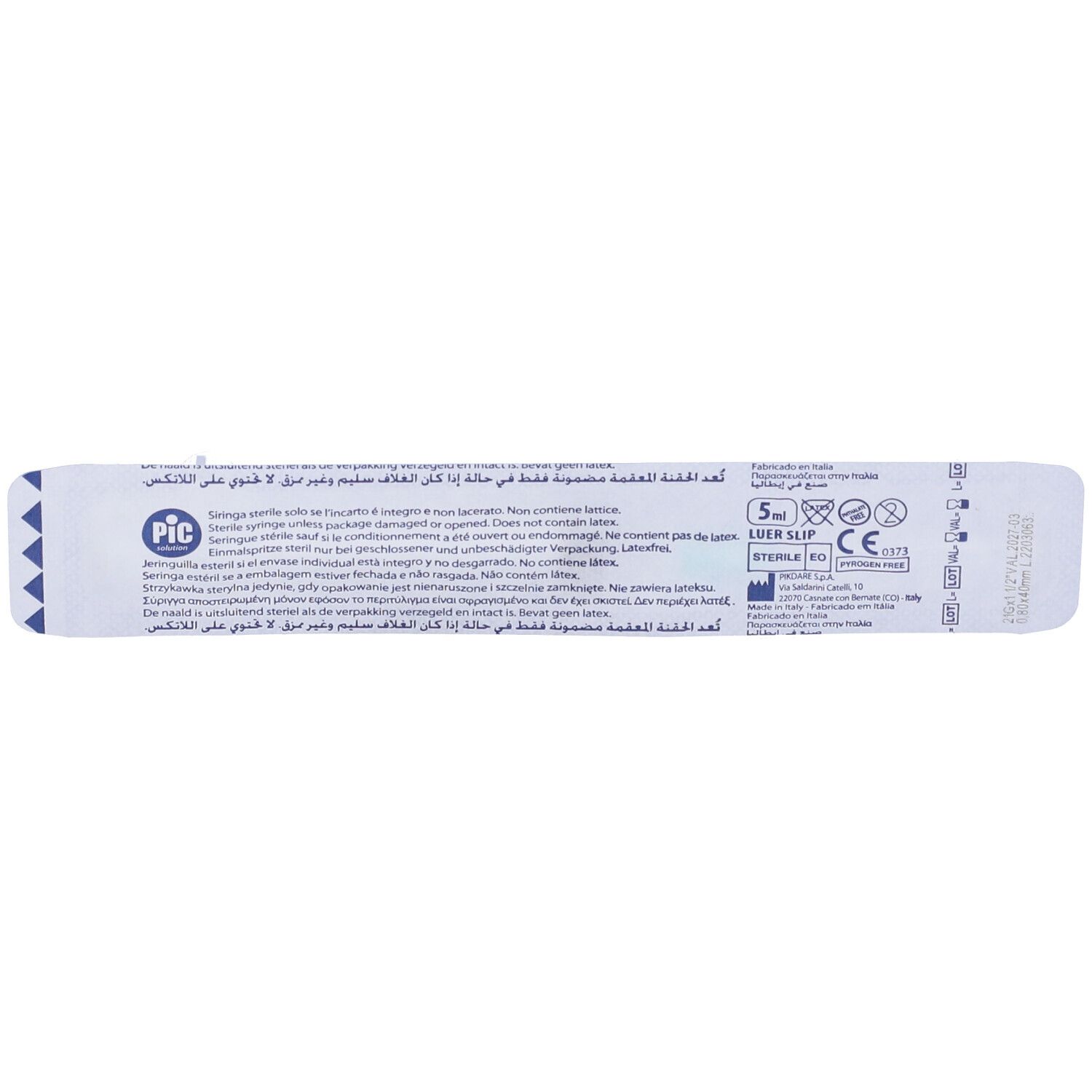 Retro della confezione blister. Testo e simboli. Contiene informazioni sulla sterilizzazione e il produttore.