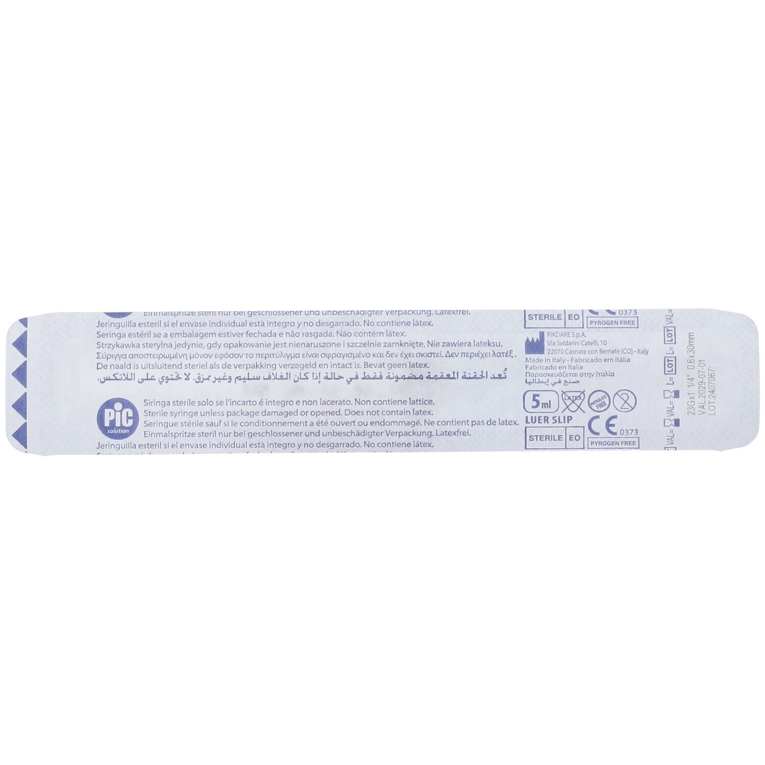 Confezione blister con informazioni sul prodotto. Logo PIC. Marcatura sterile. 5 ml. Luer Slip. Marchio CE.