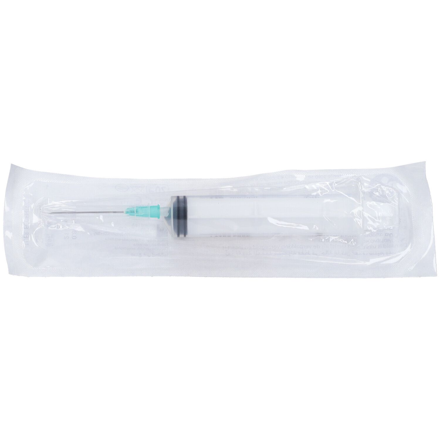Siringa con ago in confezione sterile. Base ago verde, pistone nero.