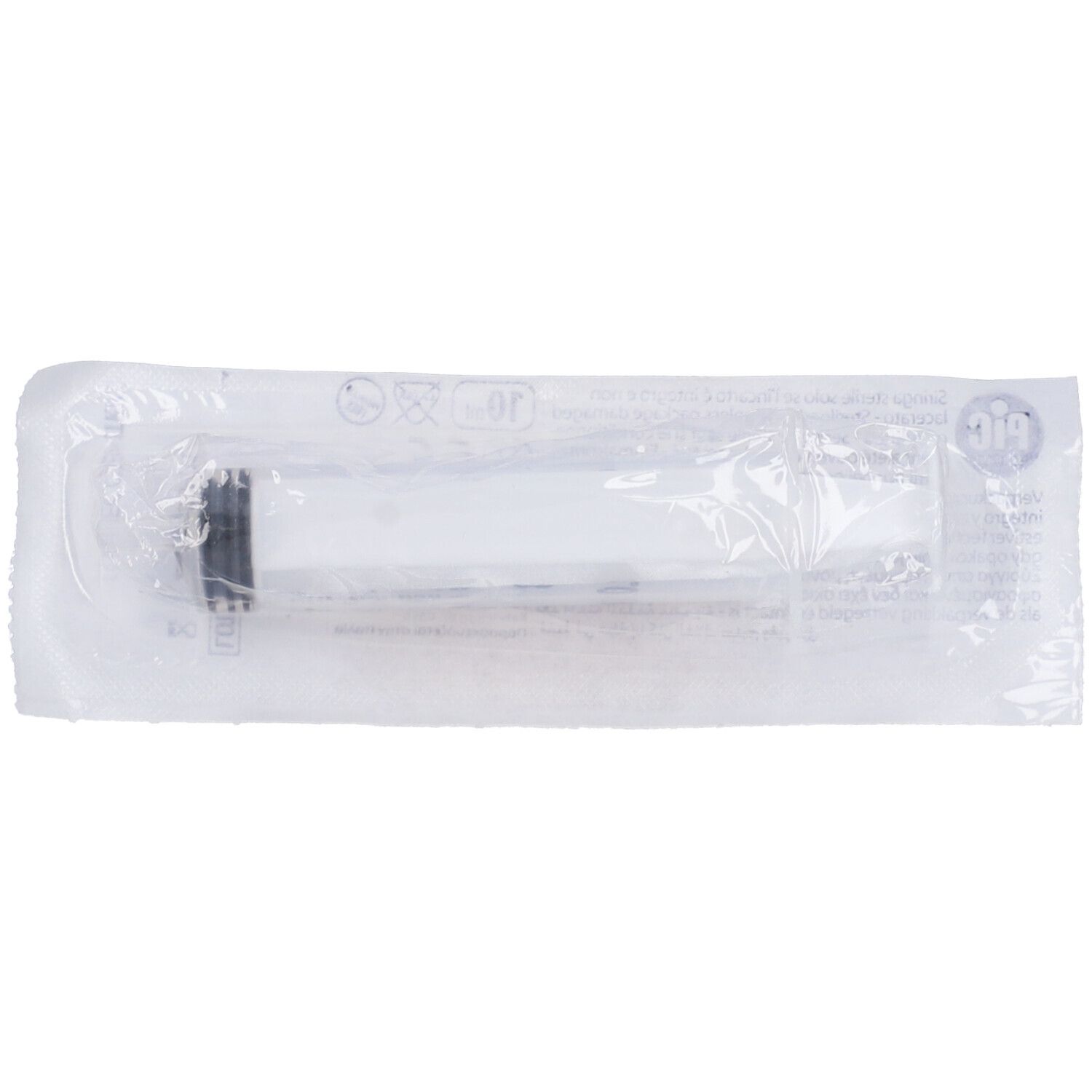 Siringa sterile in confezione sigillata. Confezione in plastica trasparente. Stantuffo nero visibile.