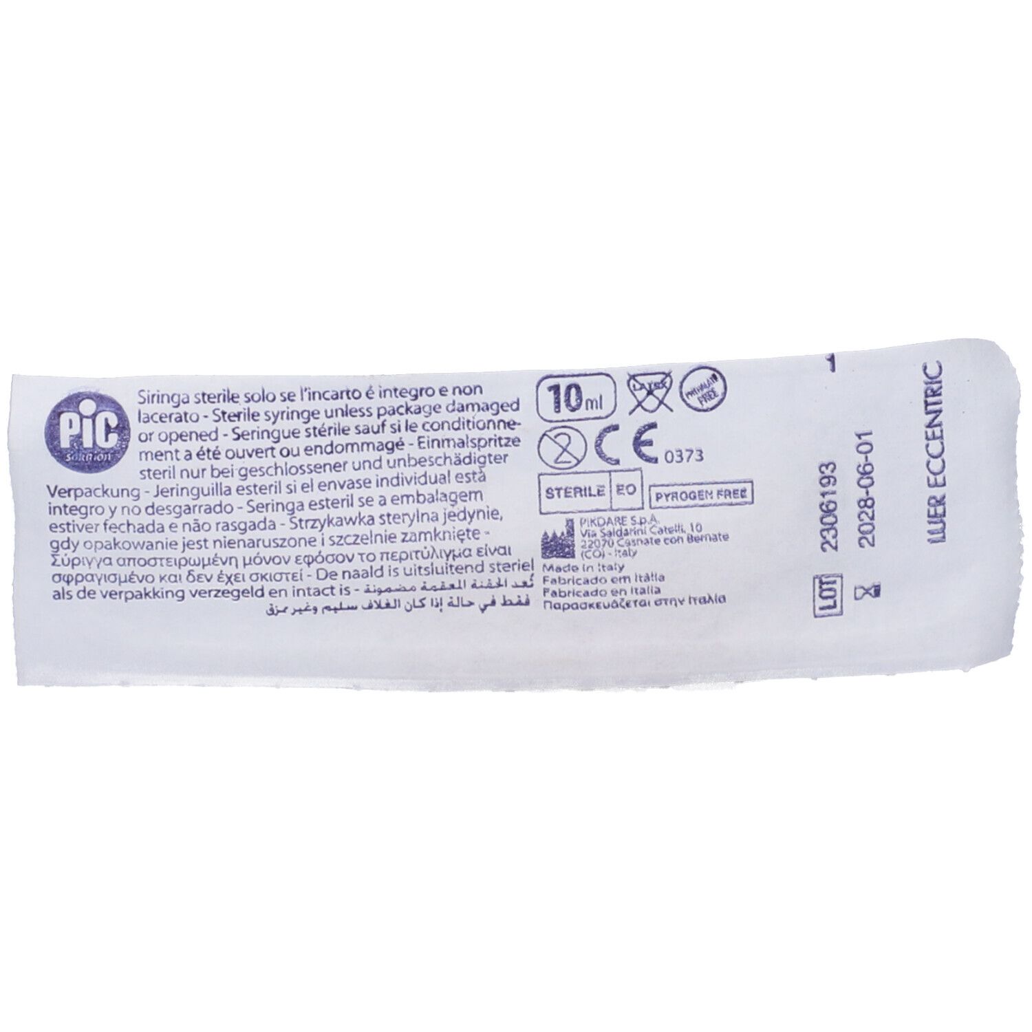 Confezione di siringa sterile. Testo con informazioni sul prodotto, logo e marchio CE. 10 ml.