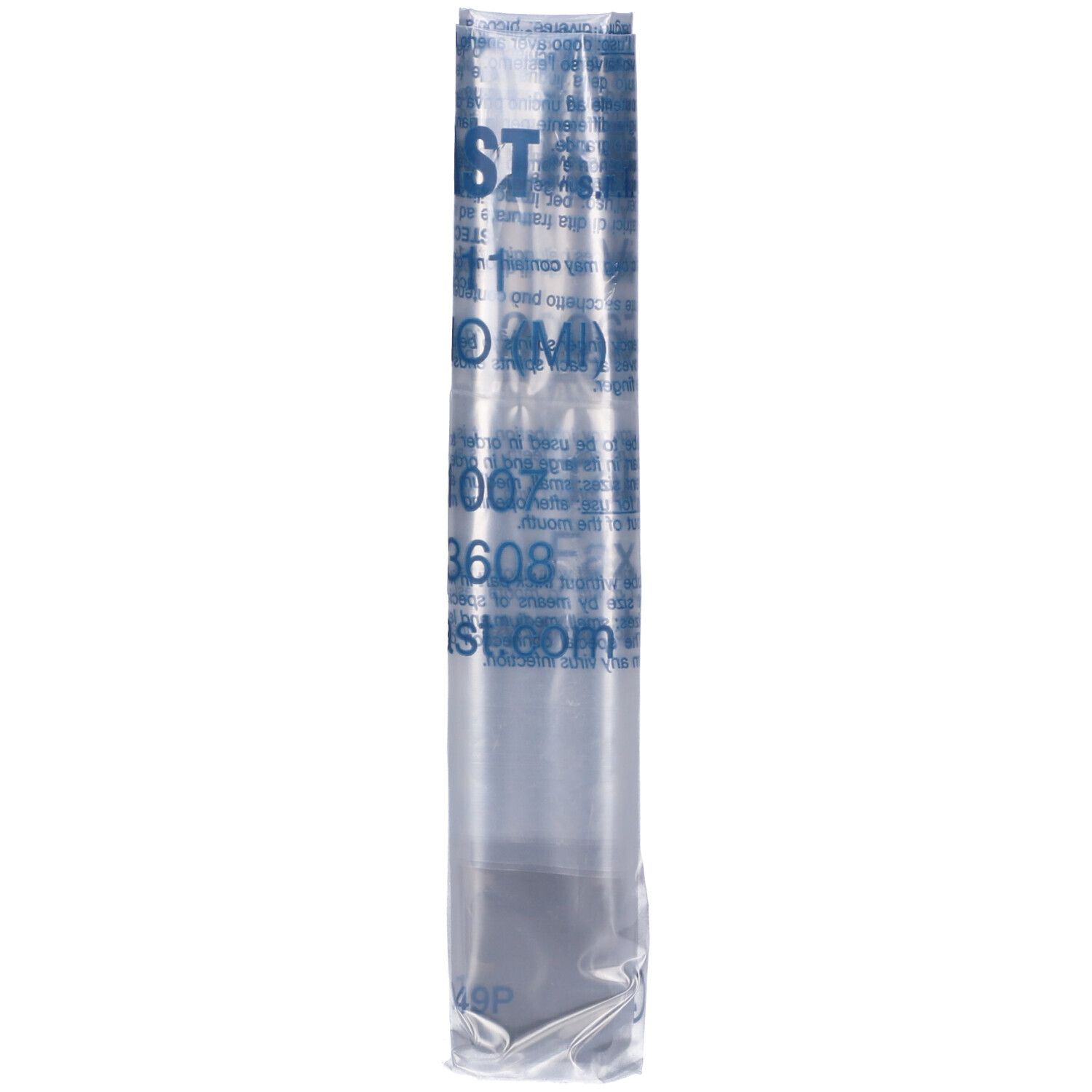 Confezione trasparente con un singolo oggetto rettangolare. Scritta blu parzialmente visibile.