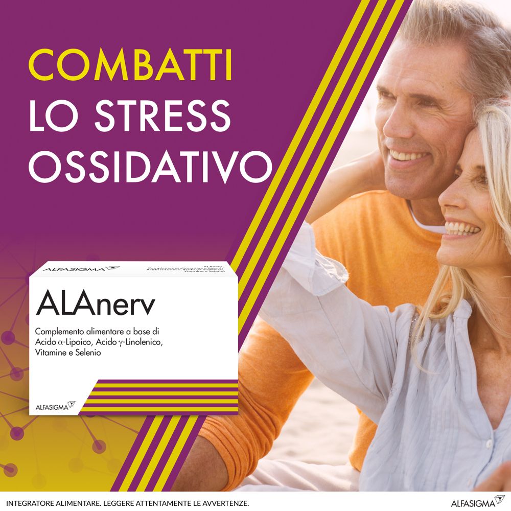 Pubblicità con coppia. Confezione ALAnerv sullo sfondo. Testo: Combatti lo stress ossidativo.