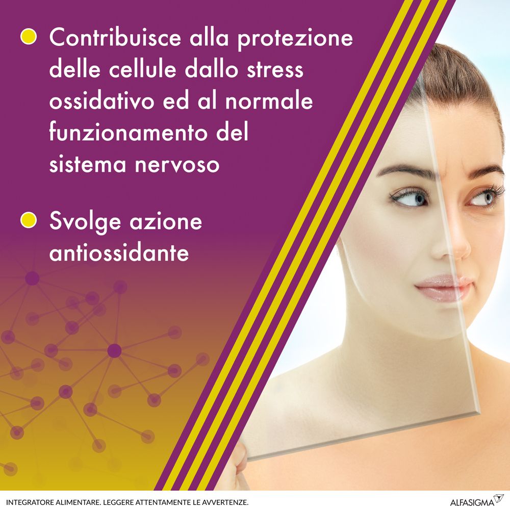 Grafica con testo. Descrive gli effetti di ALAnerv. Donna con vetro. Strisce viola e gialle.