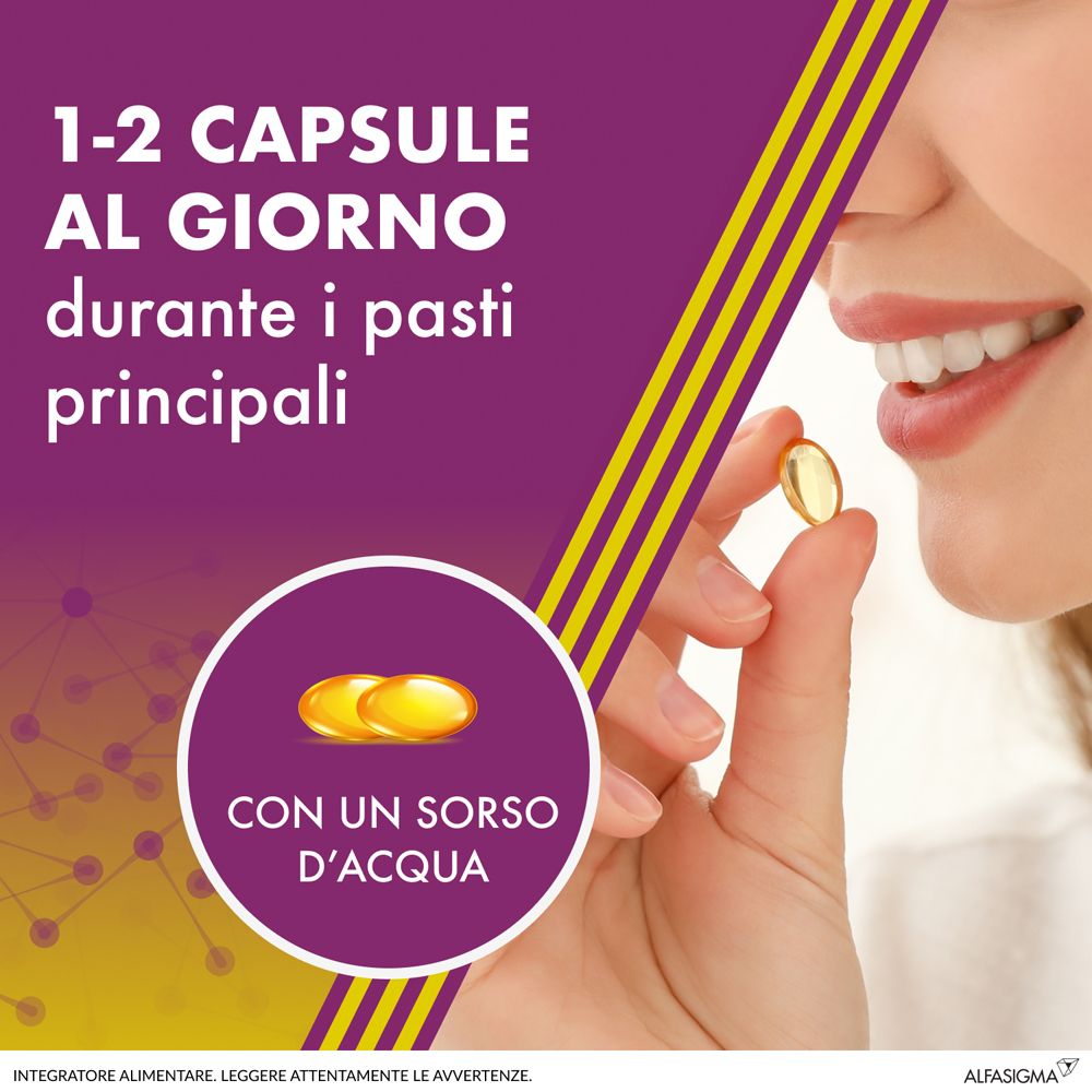 Grafica con testo. Dosaggio di ALAnerv. Donna tiene capsule. Strisce viola e gialle.