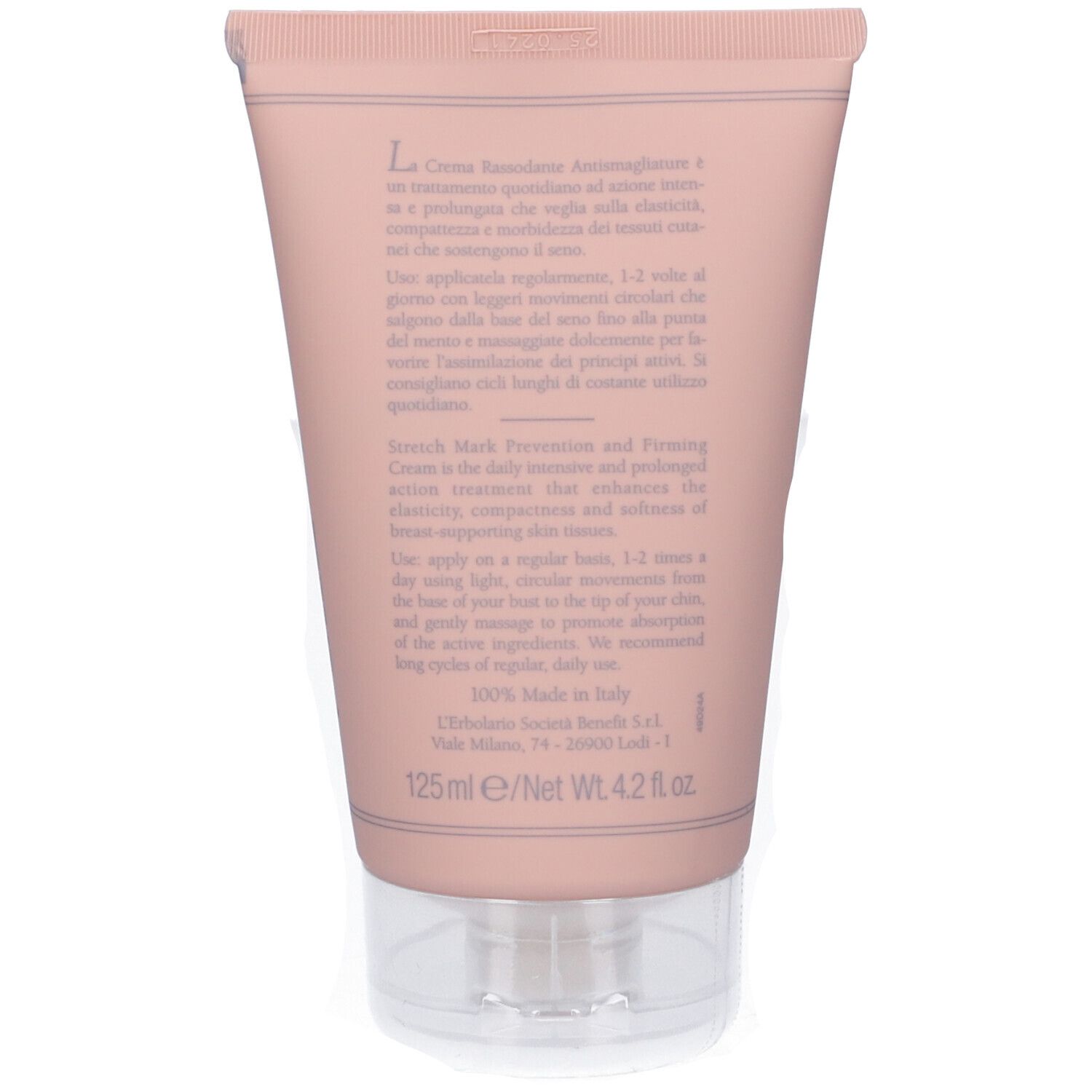 Retro di un tubo di crema rassodante seno L'Erbolario con informazioni sul prodotto e indicazione 125 ml.
