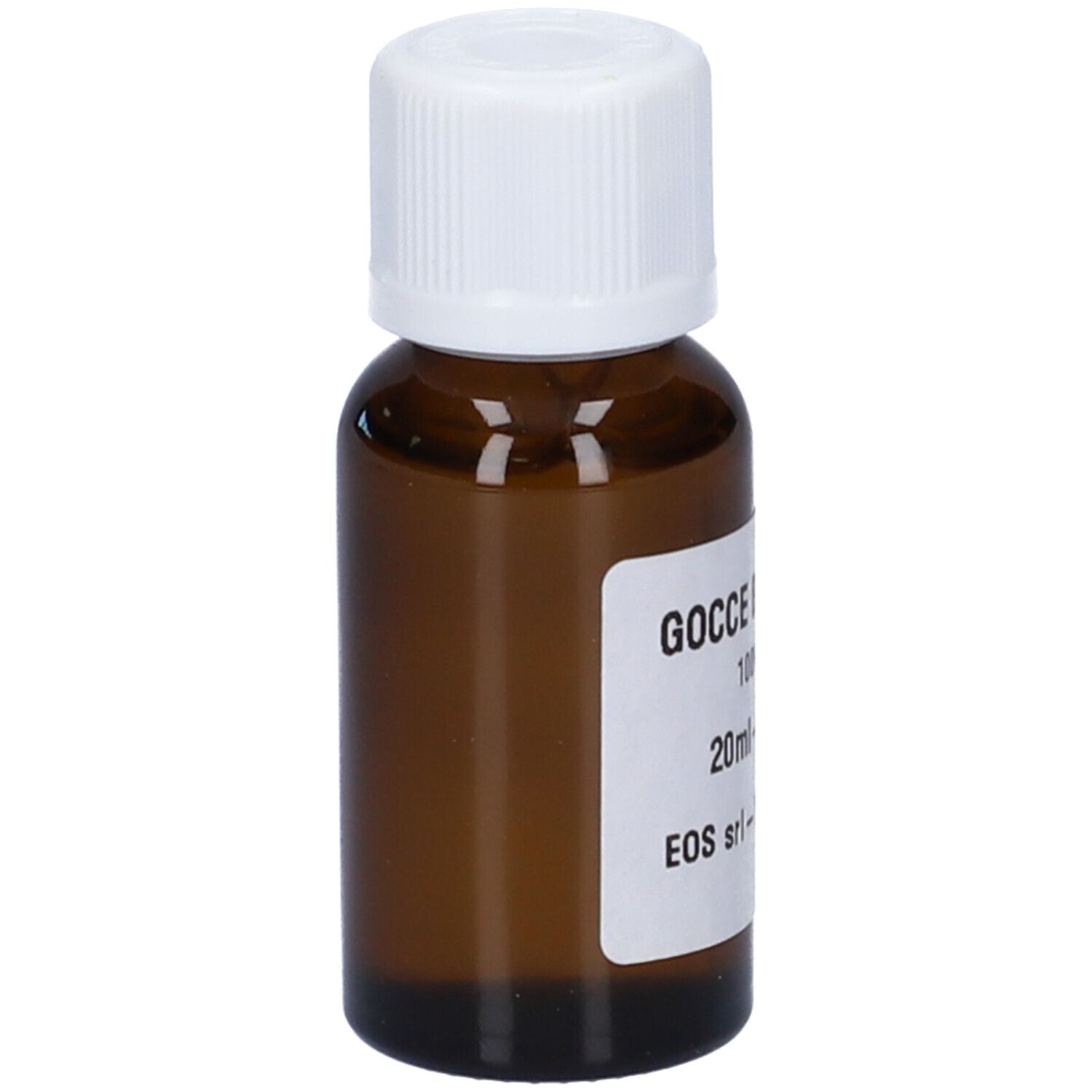 Flacone di vetro marrone con tappo bianco. Etichetta con testo: Gocce Balsamiche, 100% Pure, 20ml.