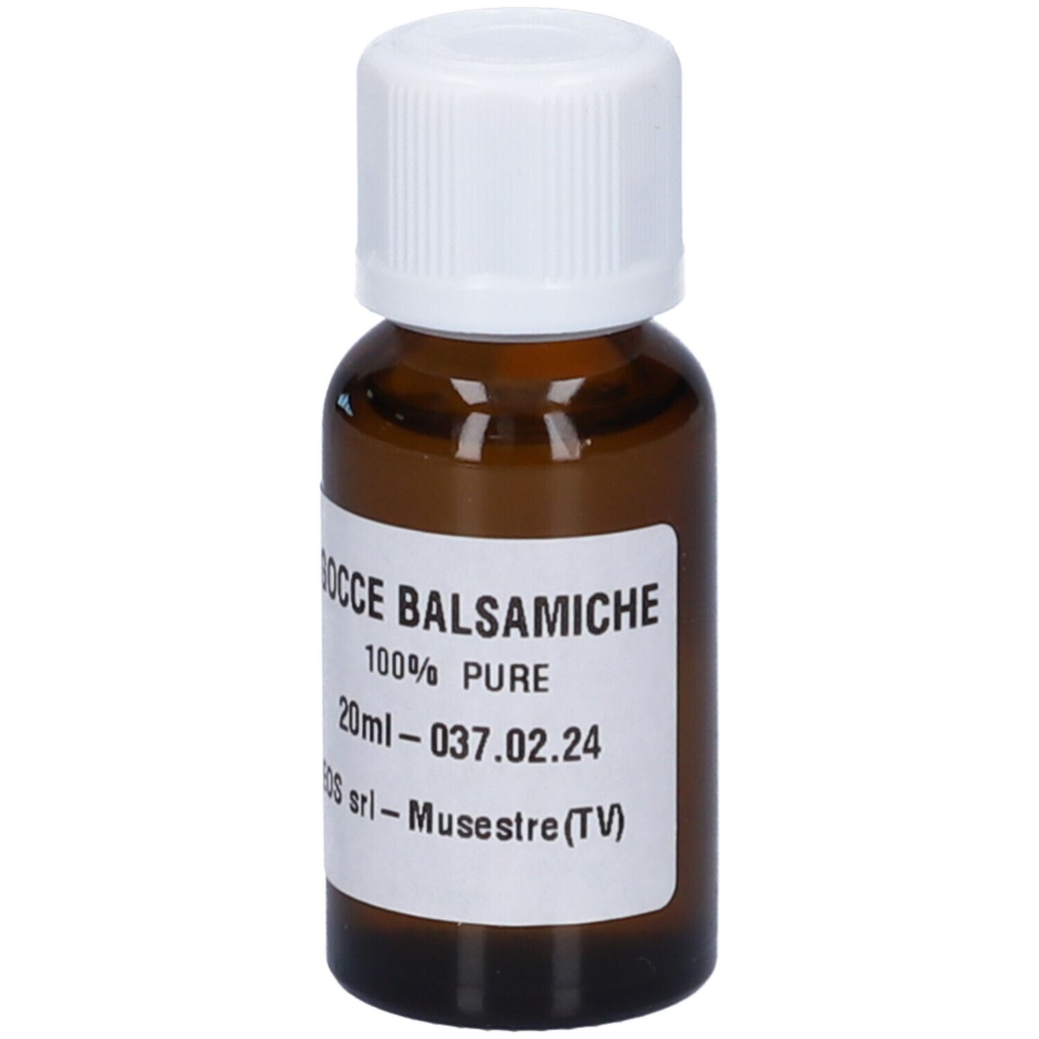 Flacone di vetro marrone con tappo bianco. Etichetta con testo: Gocce Balsamiche, 100% Pure, 20ml.
