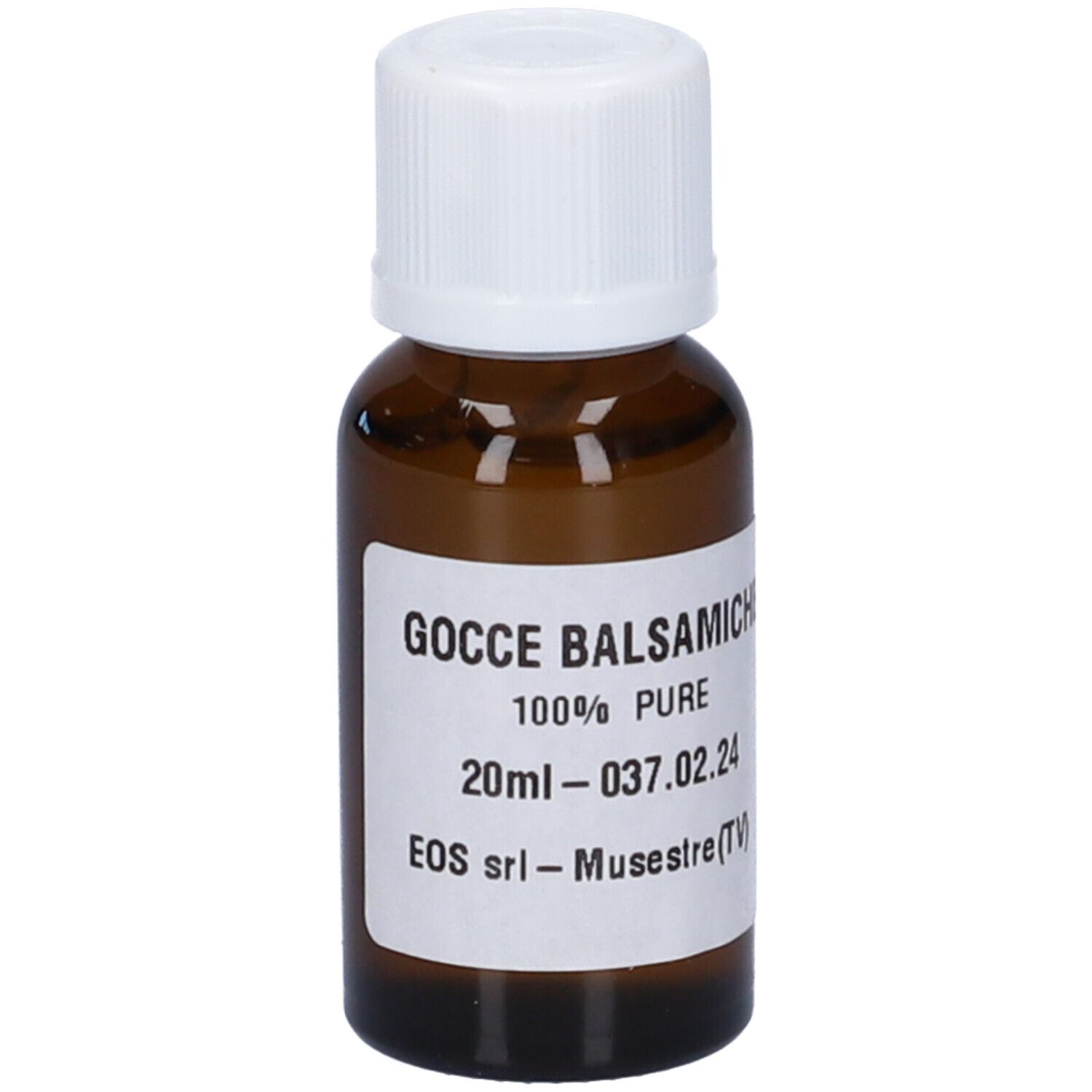 Flacone di vetro marrone con tappo bianco. Etichetta con testo: Gocce Balsamiche, 100% Pure, 20ml.