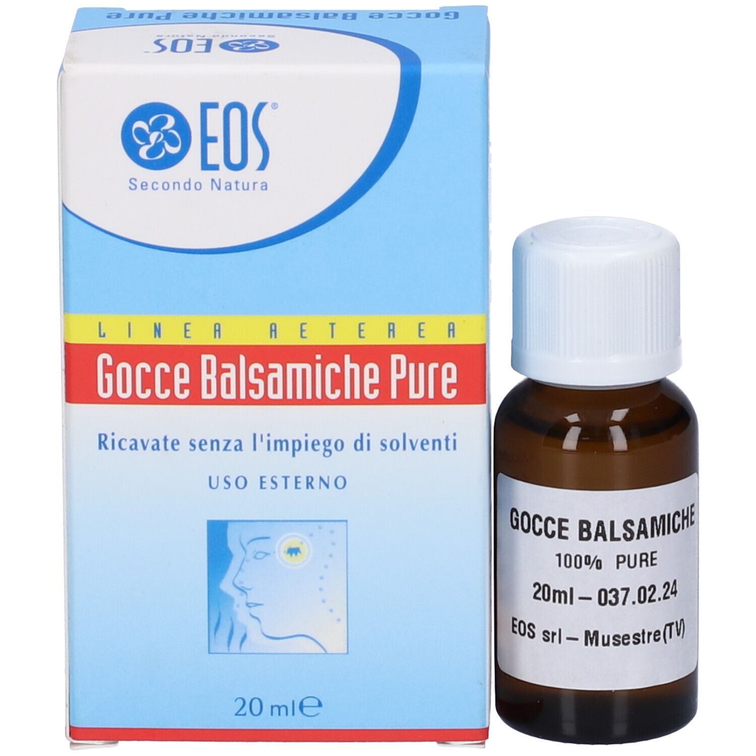 Confezione del prodotto: scatola blu con flacone. Testo: Gocce Balsamiche Pure, 20ml, logo EOS.